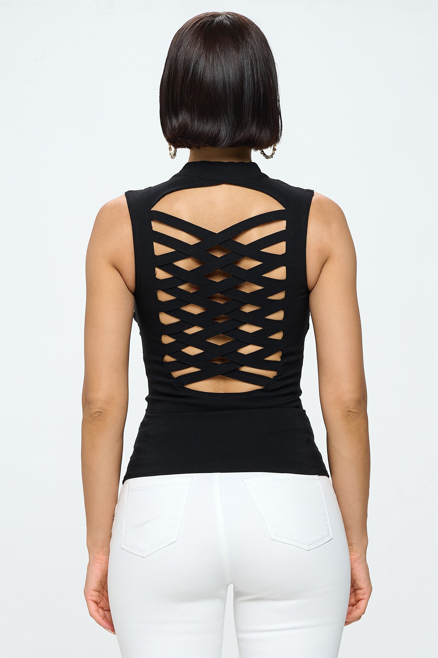 CRISS CROSSED BACK ZIPPER CLOSURE FRONT TANK TOP_D6744