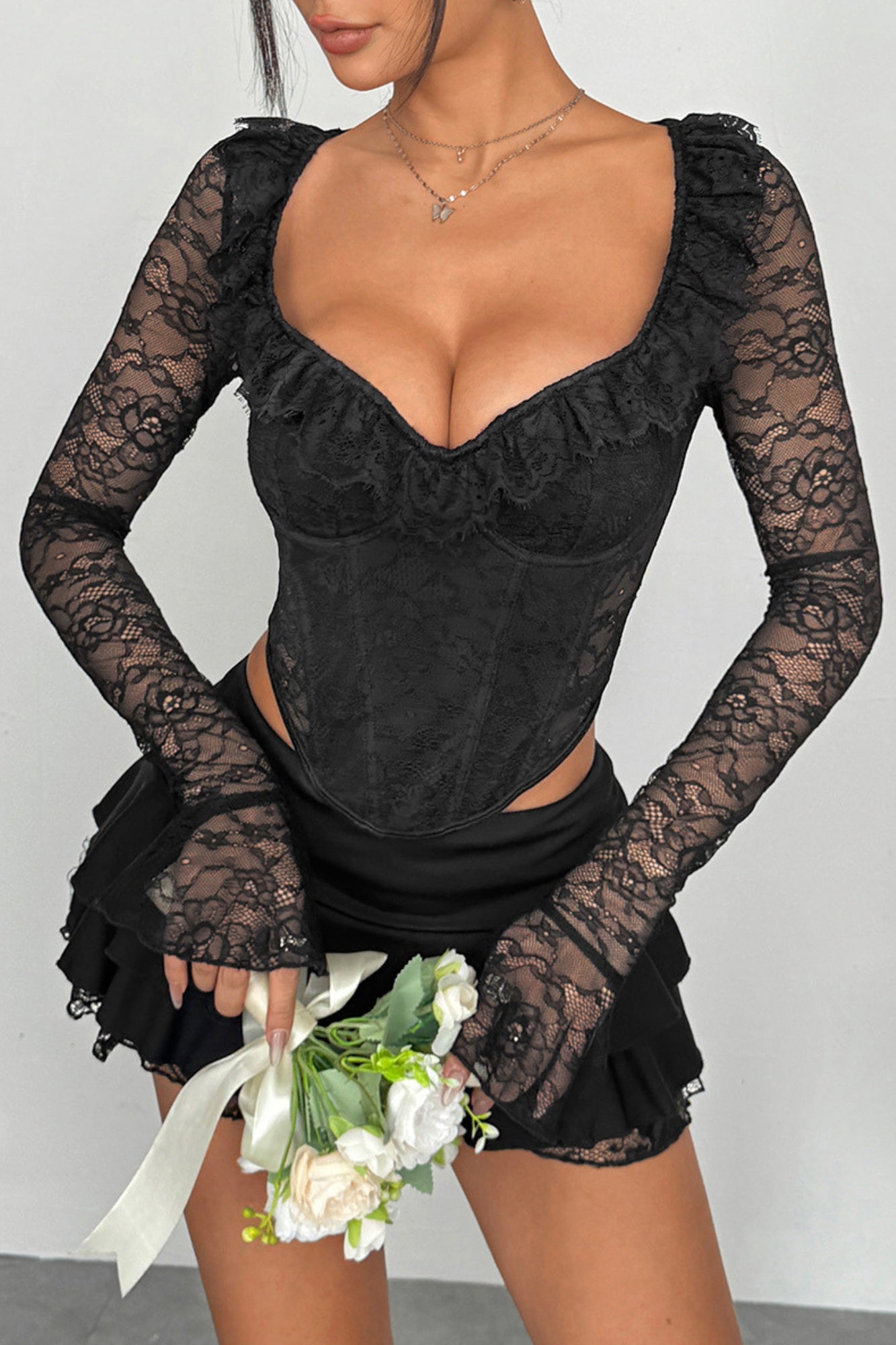 Romantic Ruffled Lace Long Sleeve Corset Top