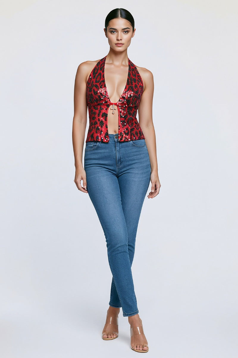 Sequin Print Halter Deep V Top