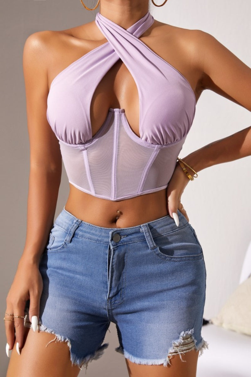 HALTER CRISS CROSS MESH CORSET CROP TOP