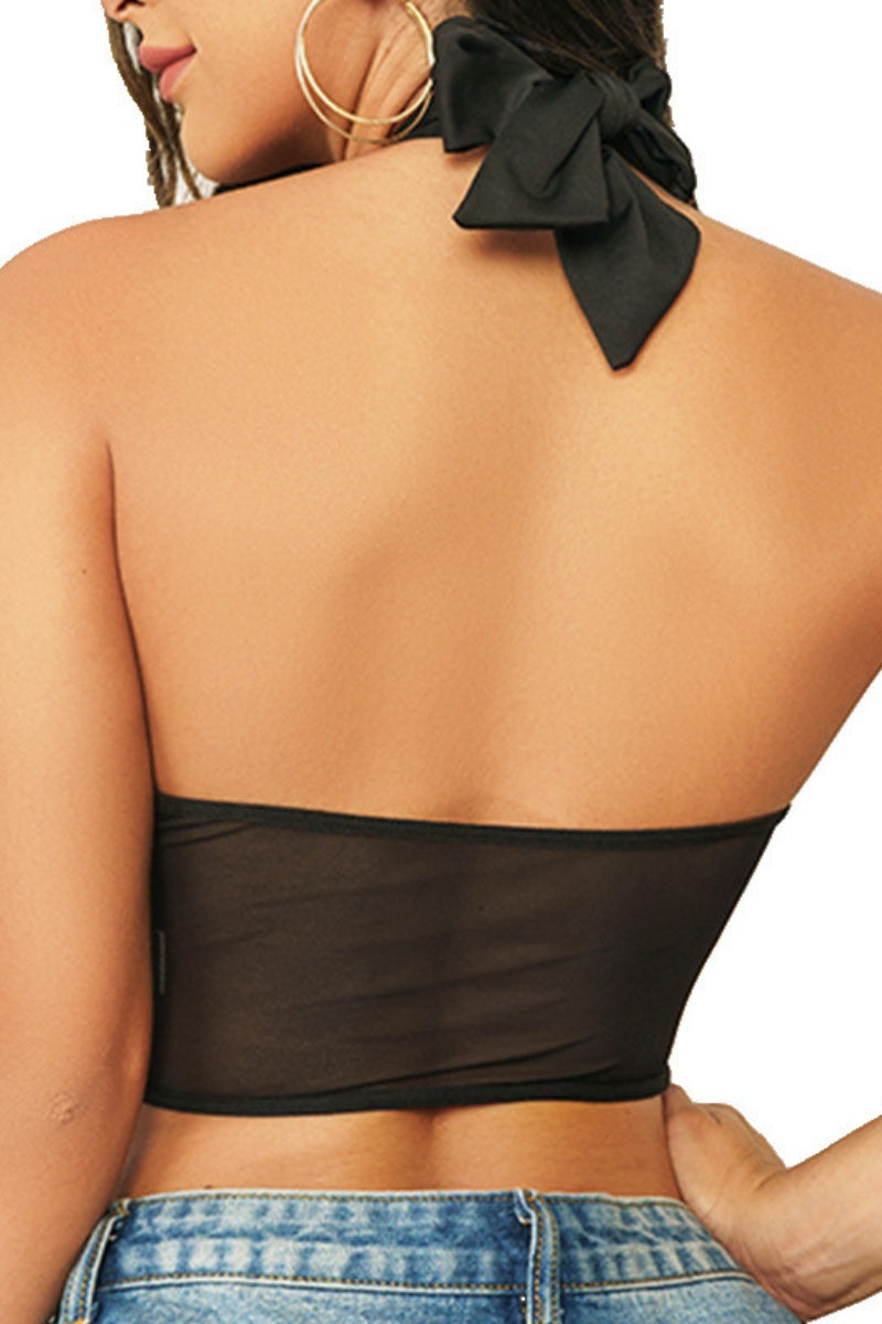 HALTER CRISS CROSS MESH CORSET CROP TOP
