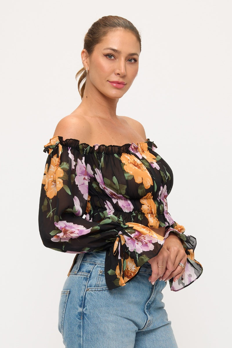 Floral Off Shoulder Ruffle Crop Top
