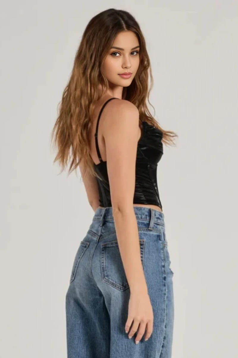 Faux Leather Cowl Neck Corset Top