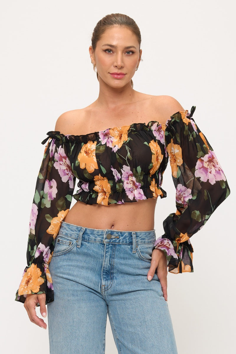 Floral Off Shoulder Ruffle Crop Top