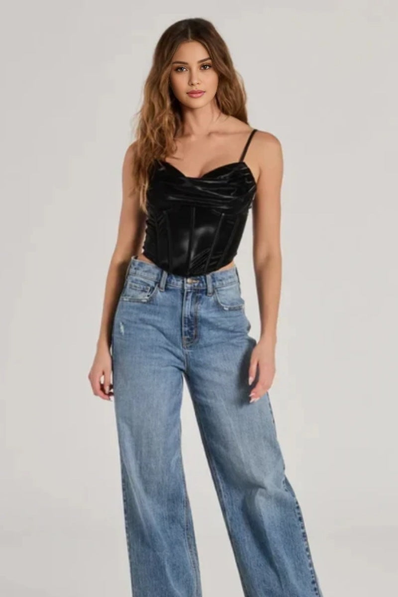 Faux Leather Cowl Neck Corset Top_DSJ3285