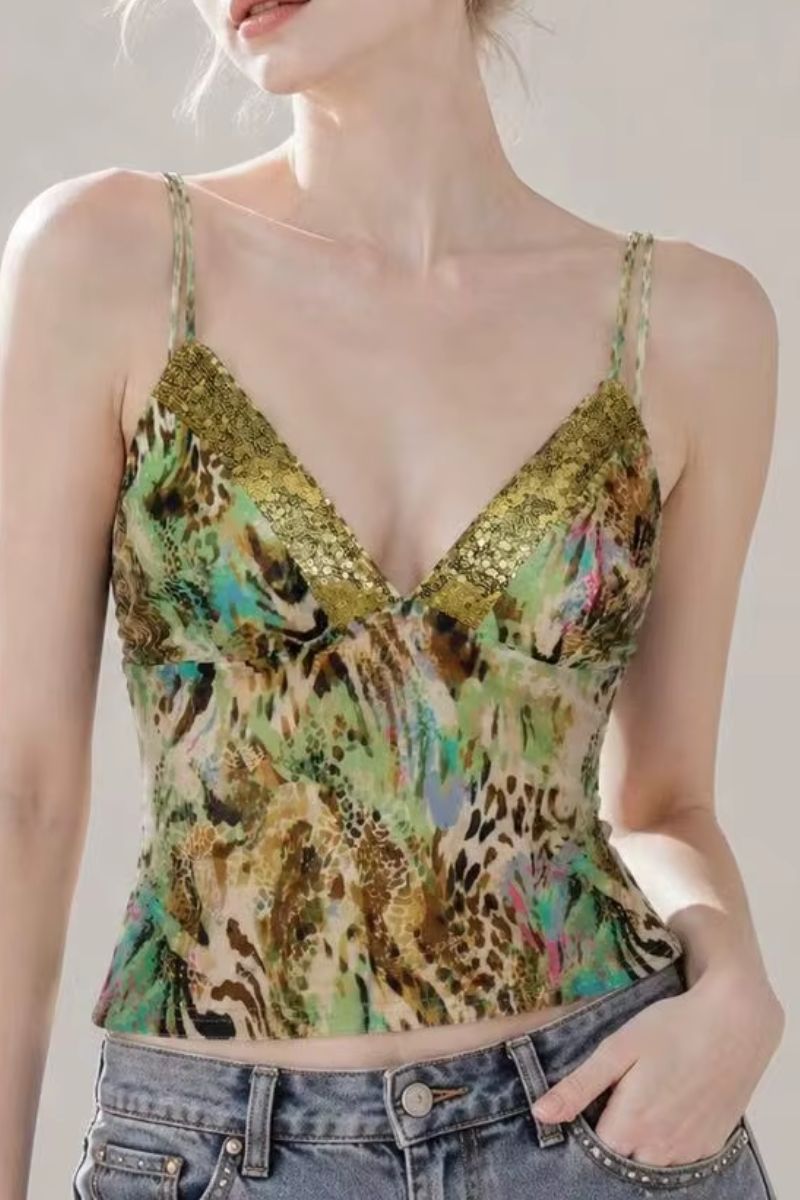 Animal Print Sequin Trim Cami Top