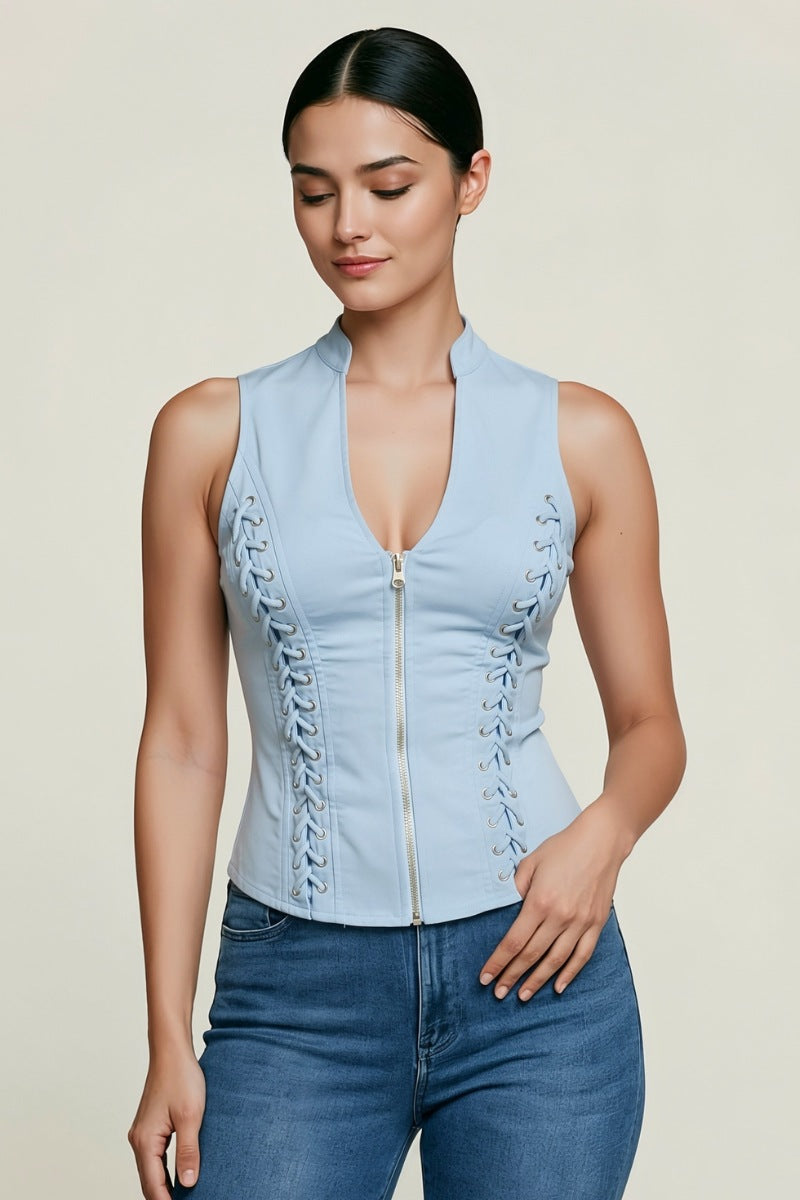 LACE-UP DETAIL CRISS CROSS BACK CUTOUT SLEEVELESS TOP_ D6619