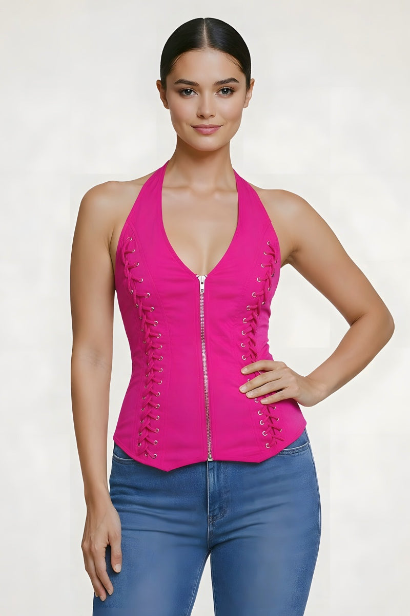 LACE UP DETAIL ZIP FRONT SLEEVELESS HALTER NECK TANK TOP_D6838
