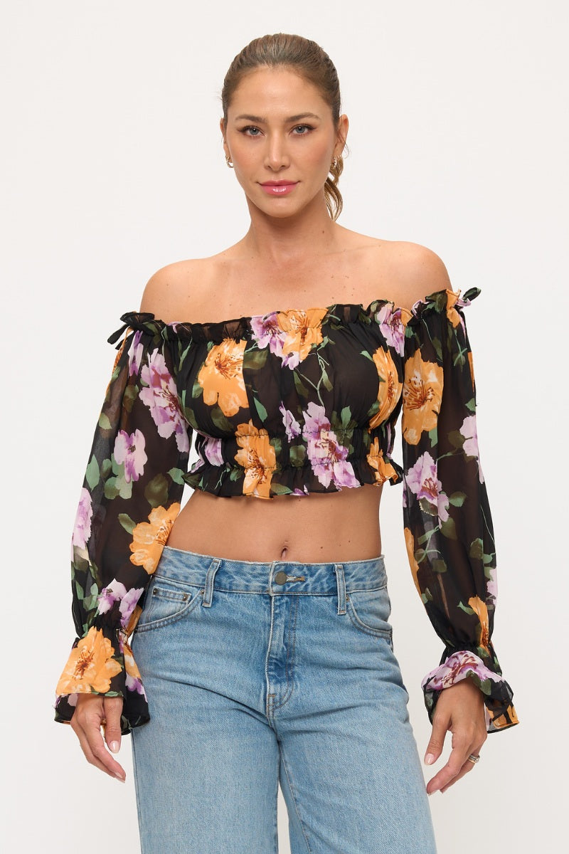 Floral Off Shoulder Ruffle Crop Top