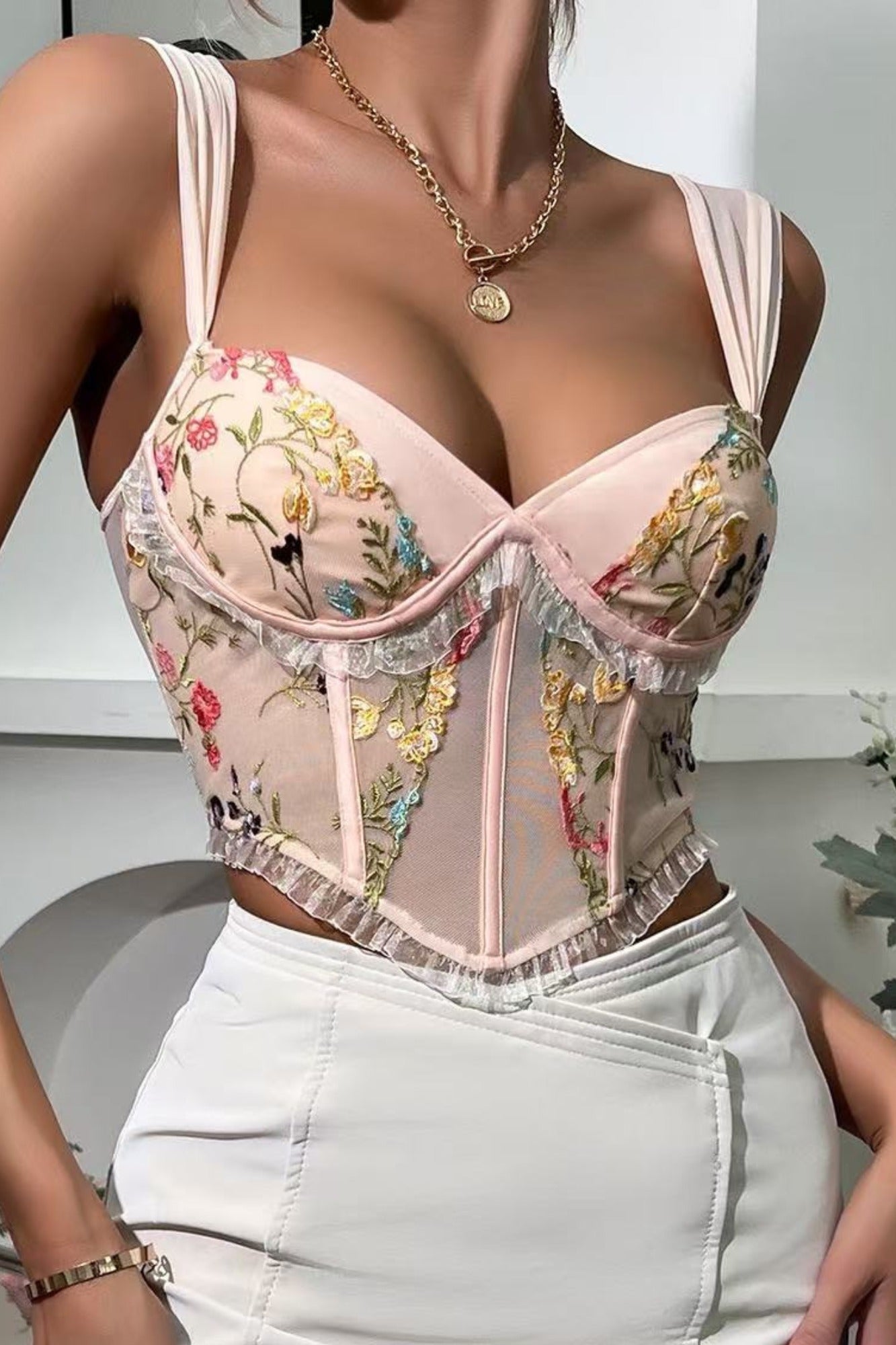 Floral Embroidered Sheer Corset Top – Romantic & Chic