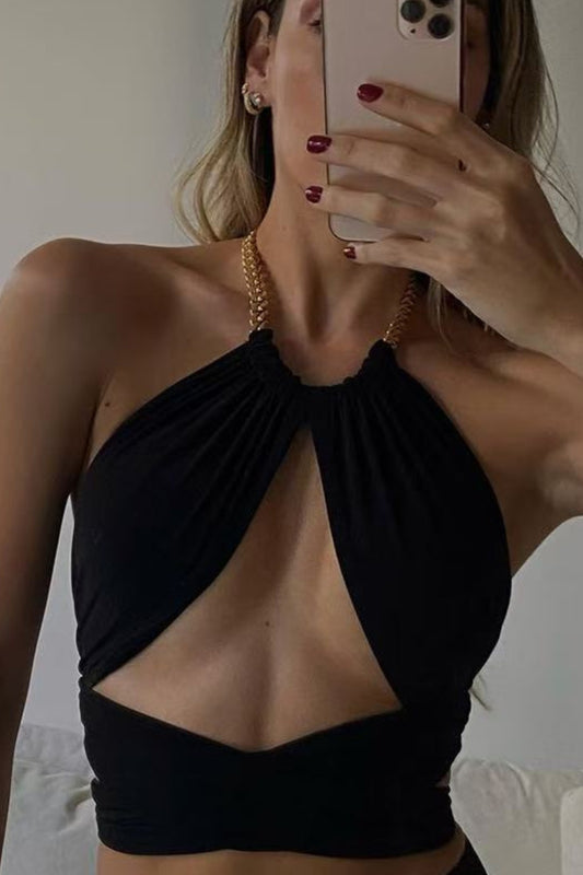 Chain Halter Cutout Crossover Wrapped Sleeveless Crop Top