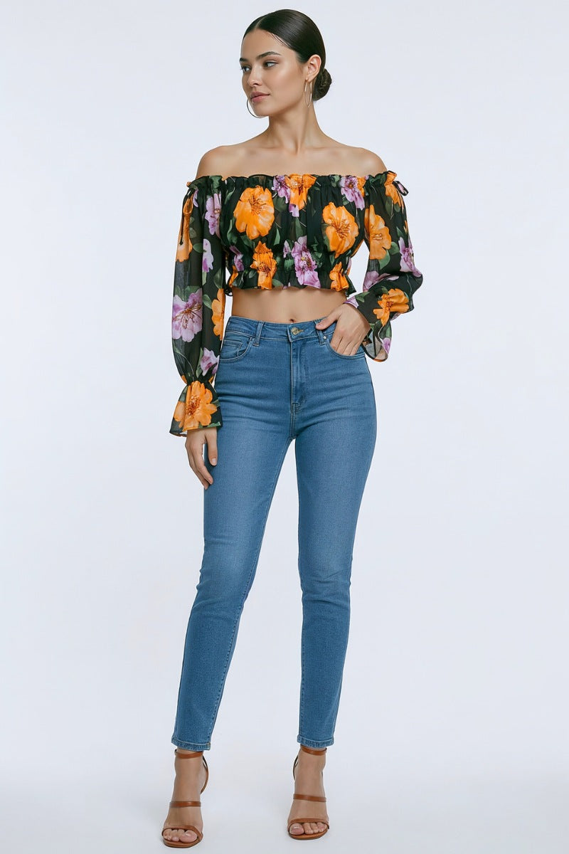 Floral Off Shoulder Ruffle Crop Top