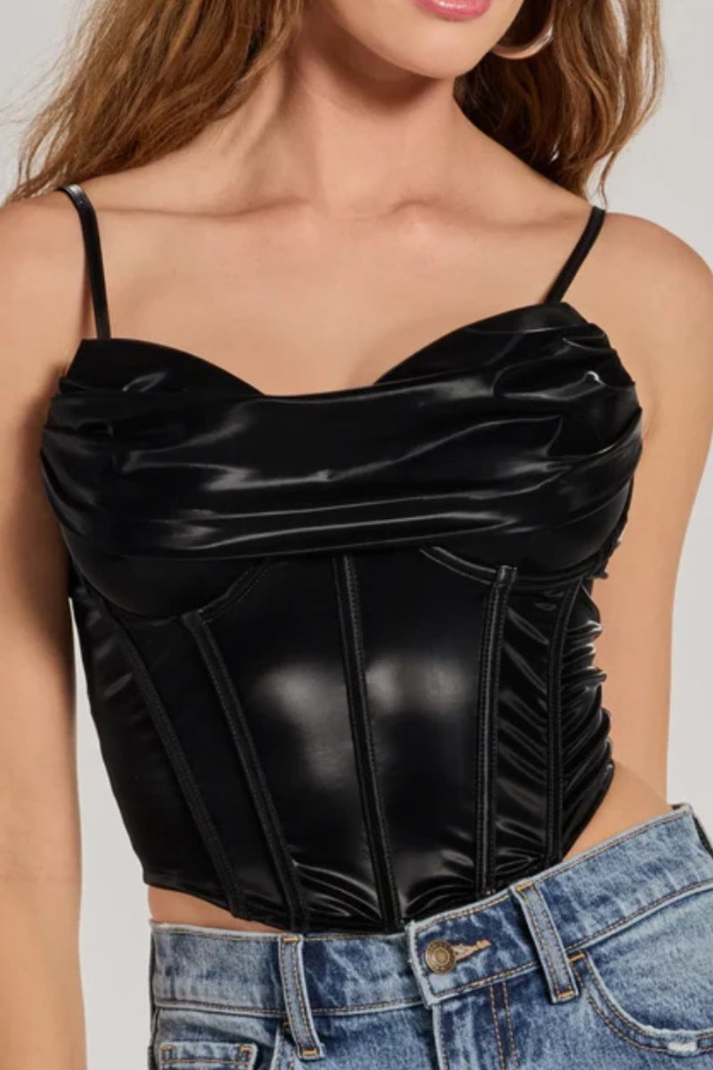 Faux Leather Cowl Neck Corset Top
