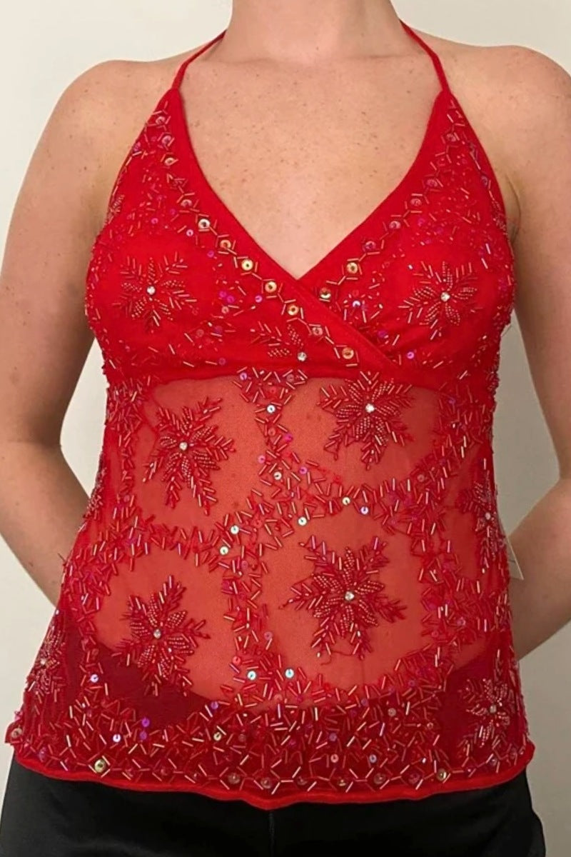Midnight Beaded Mesh Halter Top