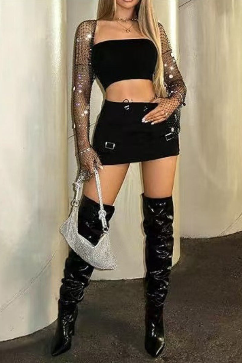 Fishnet Sequin Long Sleeve Bolero Top with Disc Detail