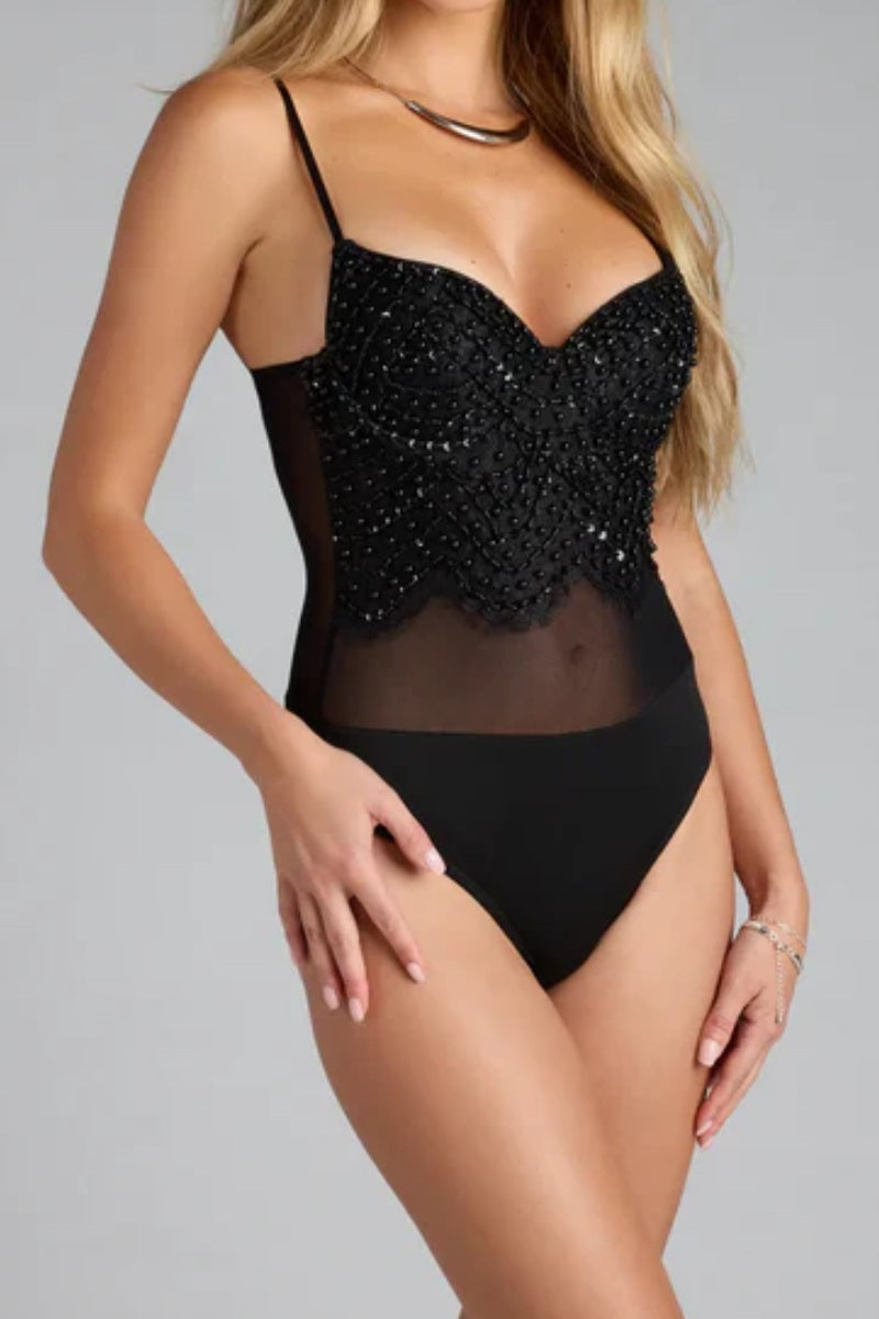 Luxury Beaded Pearl & Crystal Sheer Bodysuit