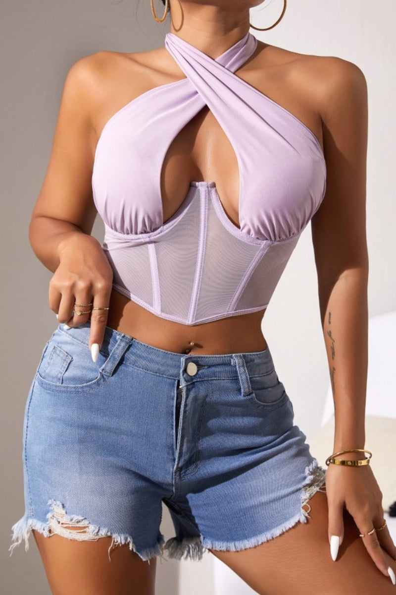 HALTER CRISS CROSS MESH CORSET CROP TOP