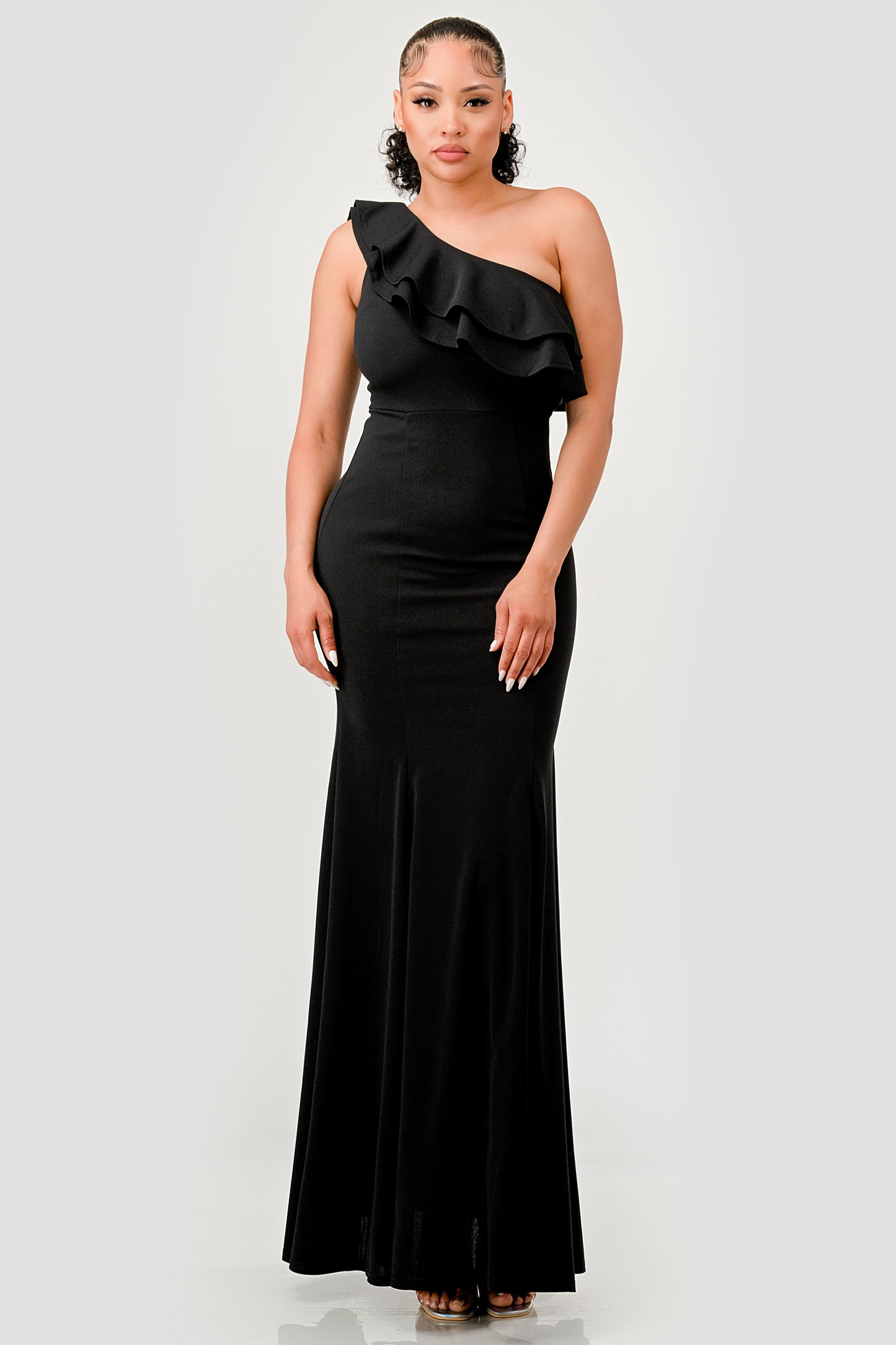 RUFFLED ONE SHOULDER FLOOR LENGTH MAXI DRESS