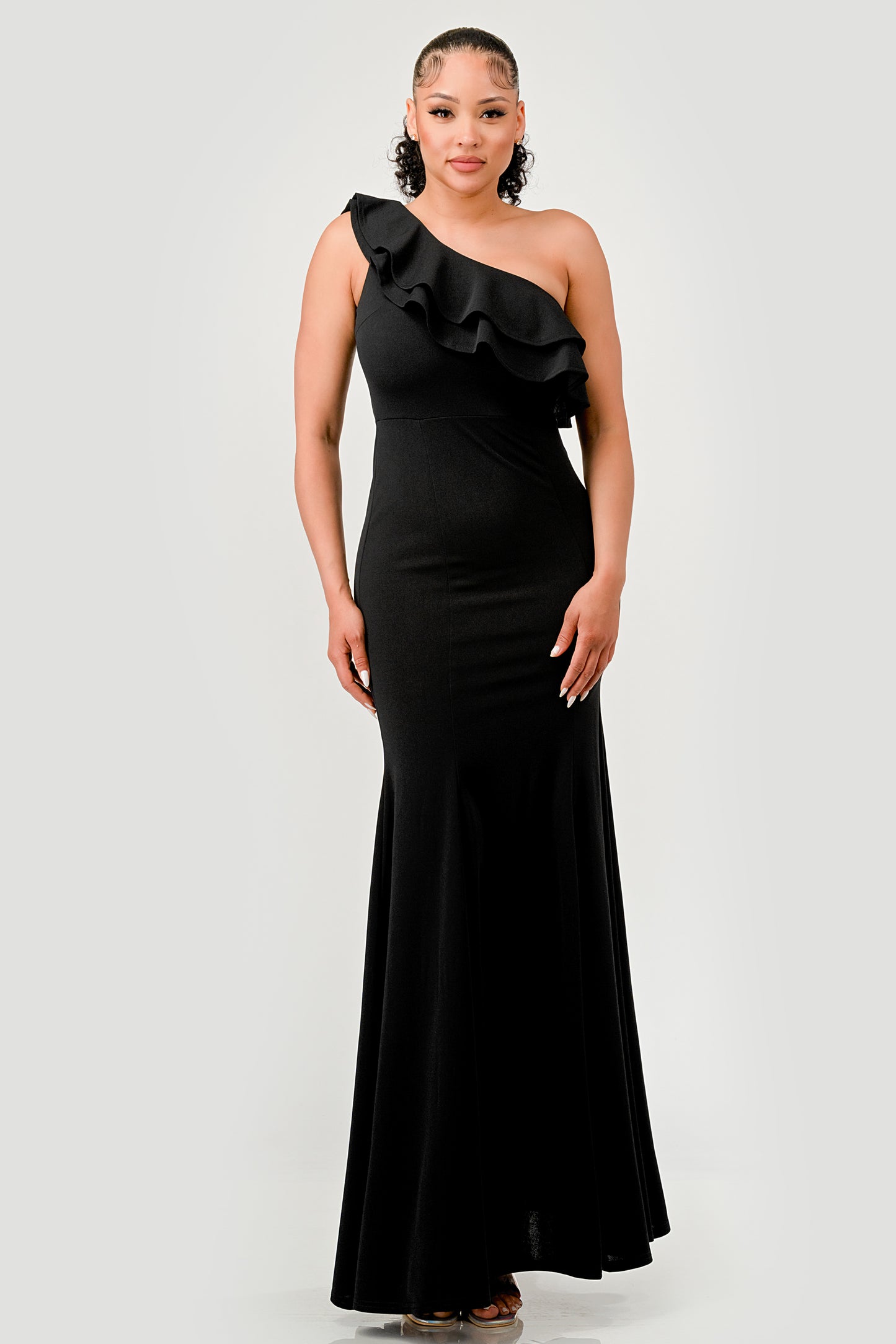 RUFFLED ONE SHOULDER FLOOR LENGTH MAXI DRESS