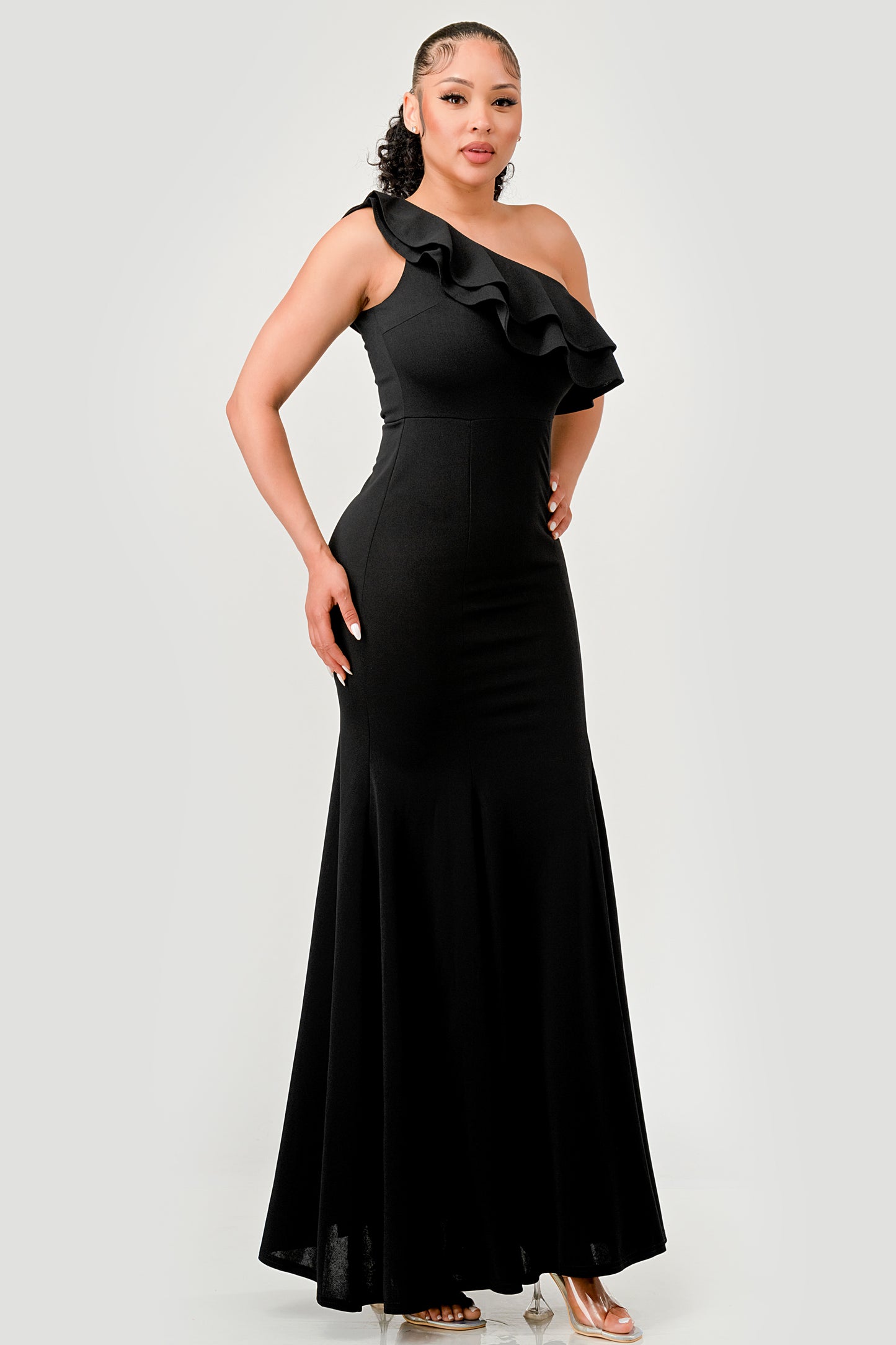 RUFFLED ONE SHOULDER FLOOR LENGTH MAXI DRESS