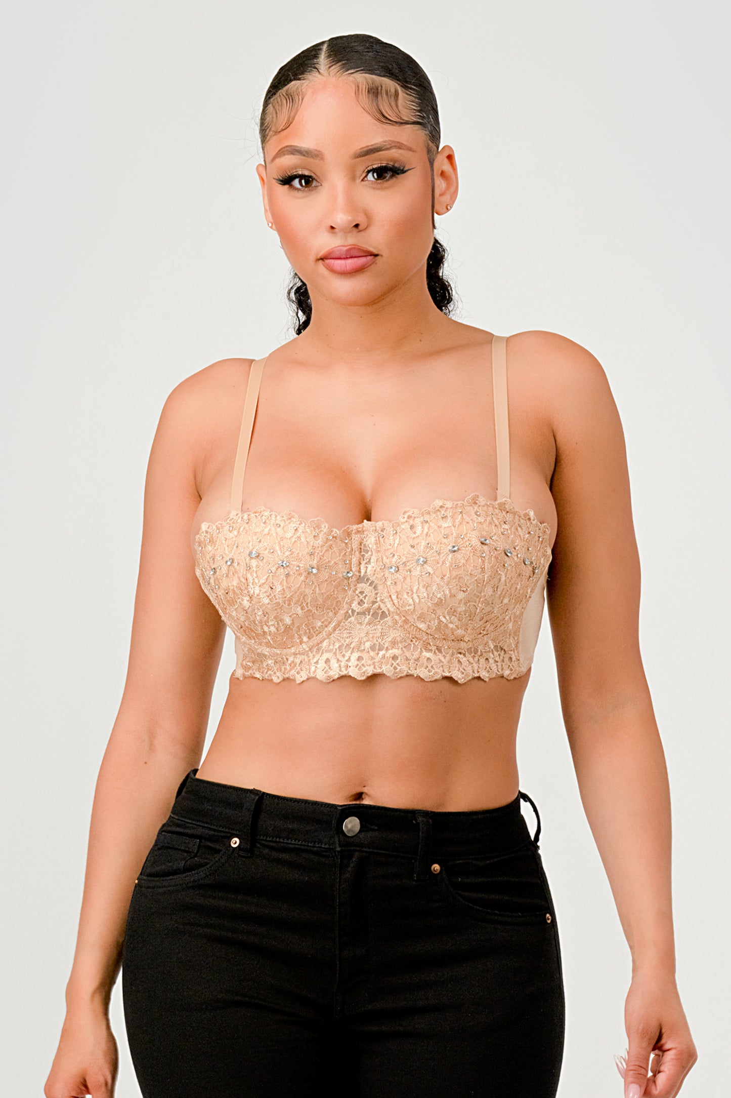 DIAMOND SHAPE CRYSTAL BEADED LACE BRALETTE TOP