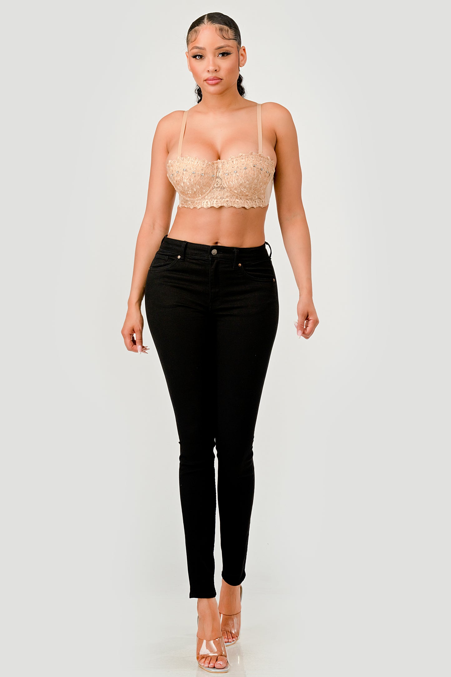 DIAMOND SHAPE CRYSTAL BEADED LACE BRALETTE TOP