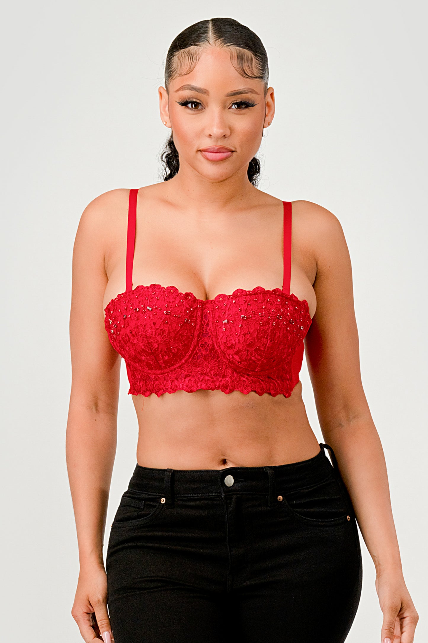 DIAMOND SHAPE CRYSTAL BEADED LACE BRALETTE TOP