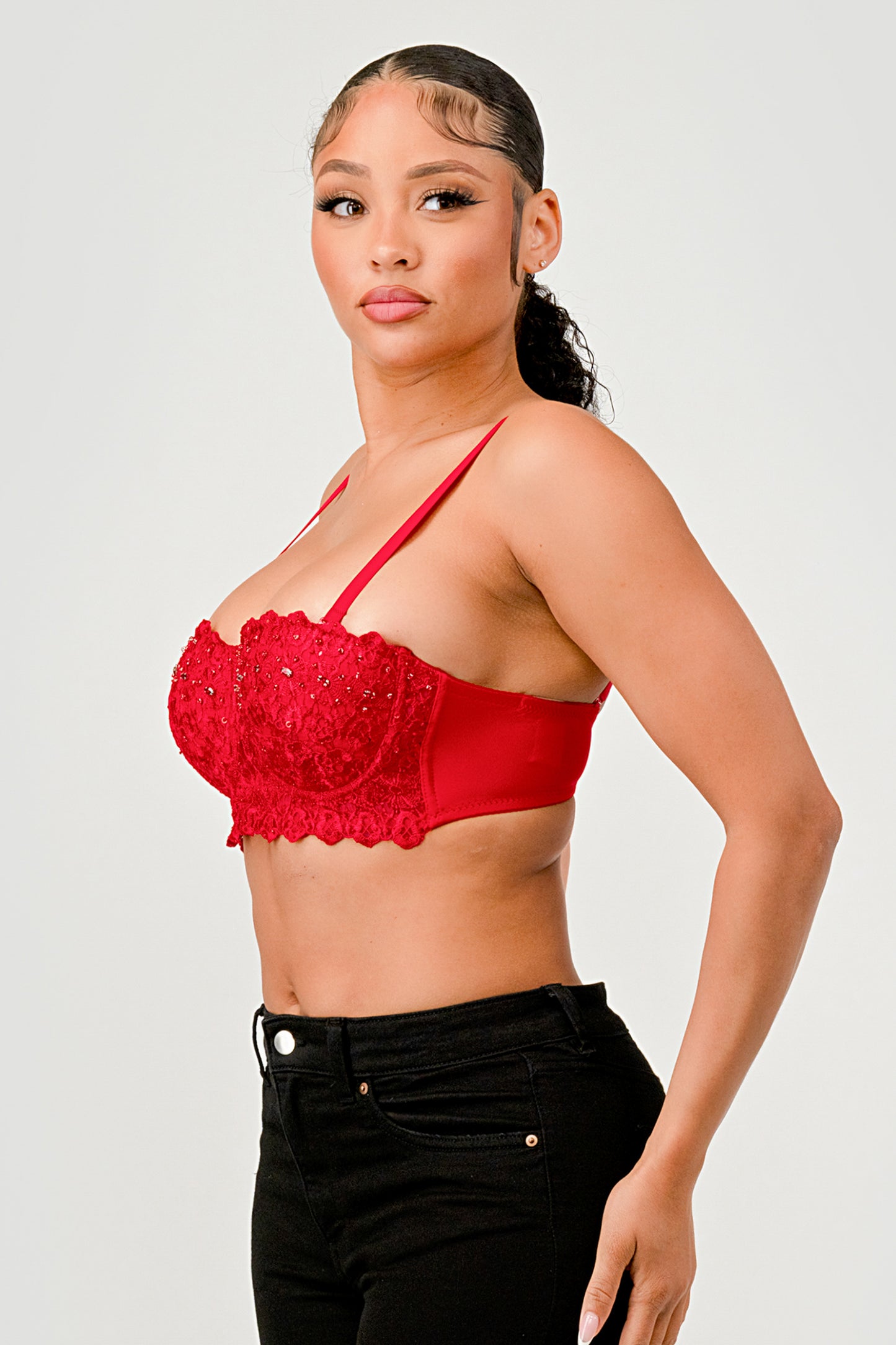 DIAMOND SHAPE CRYSTAL BEADED LACE BRALETTE TOP