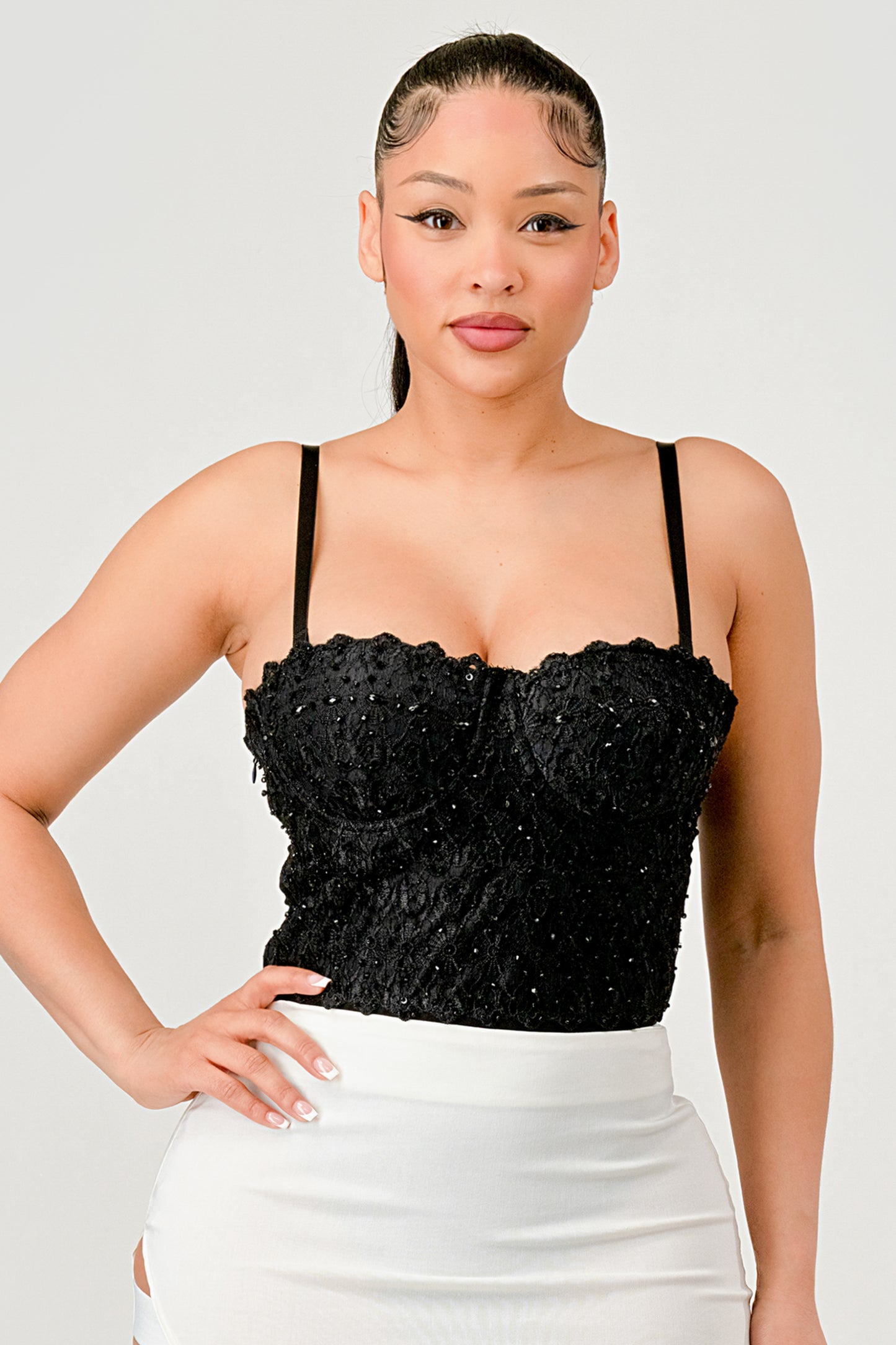 Reigning Lace Beaded Bustier Bodysuit