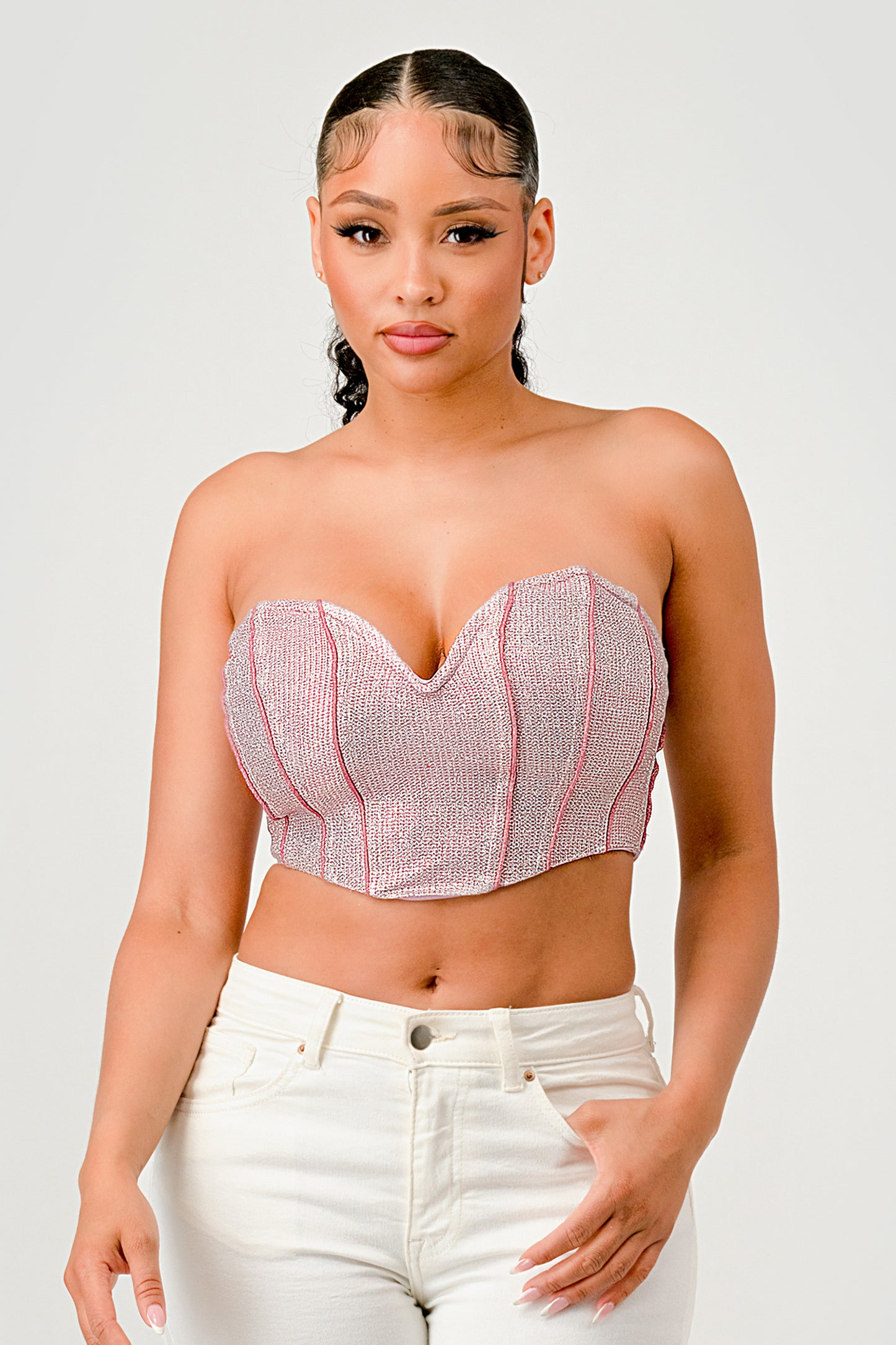 METALLIC GLITTER CROPPED CORSET TUBE TOP_D7269