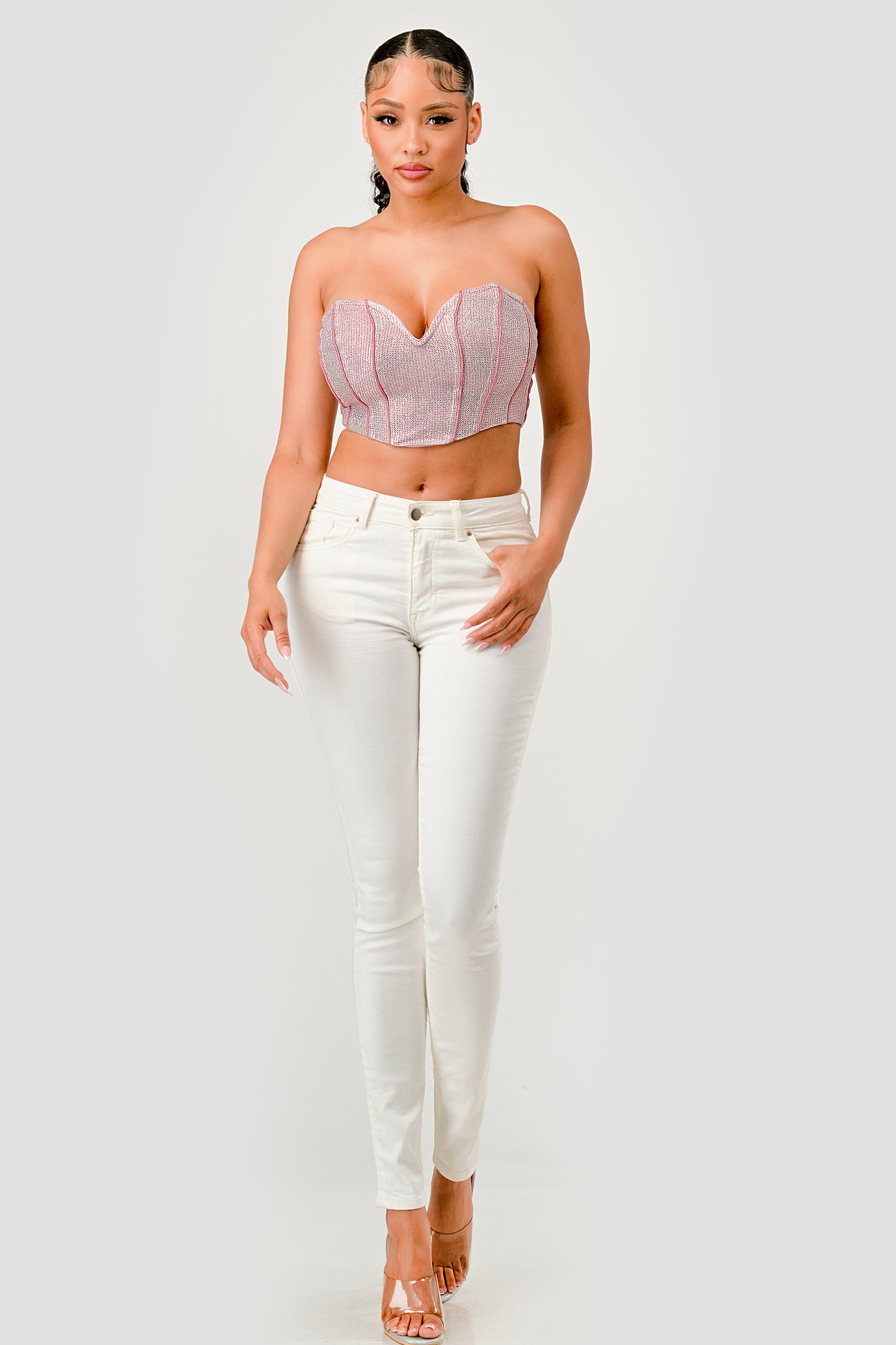 METALLIC GLITTER CROPPED CORSET TUBE TOP_D7269
