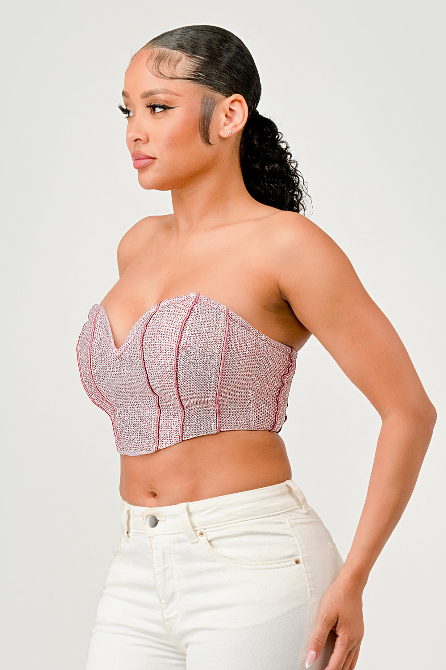 METALLIC GLITTER CROPPED CORSET TUBE TOP_D7269