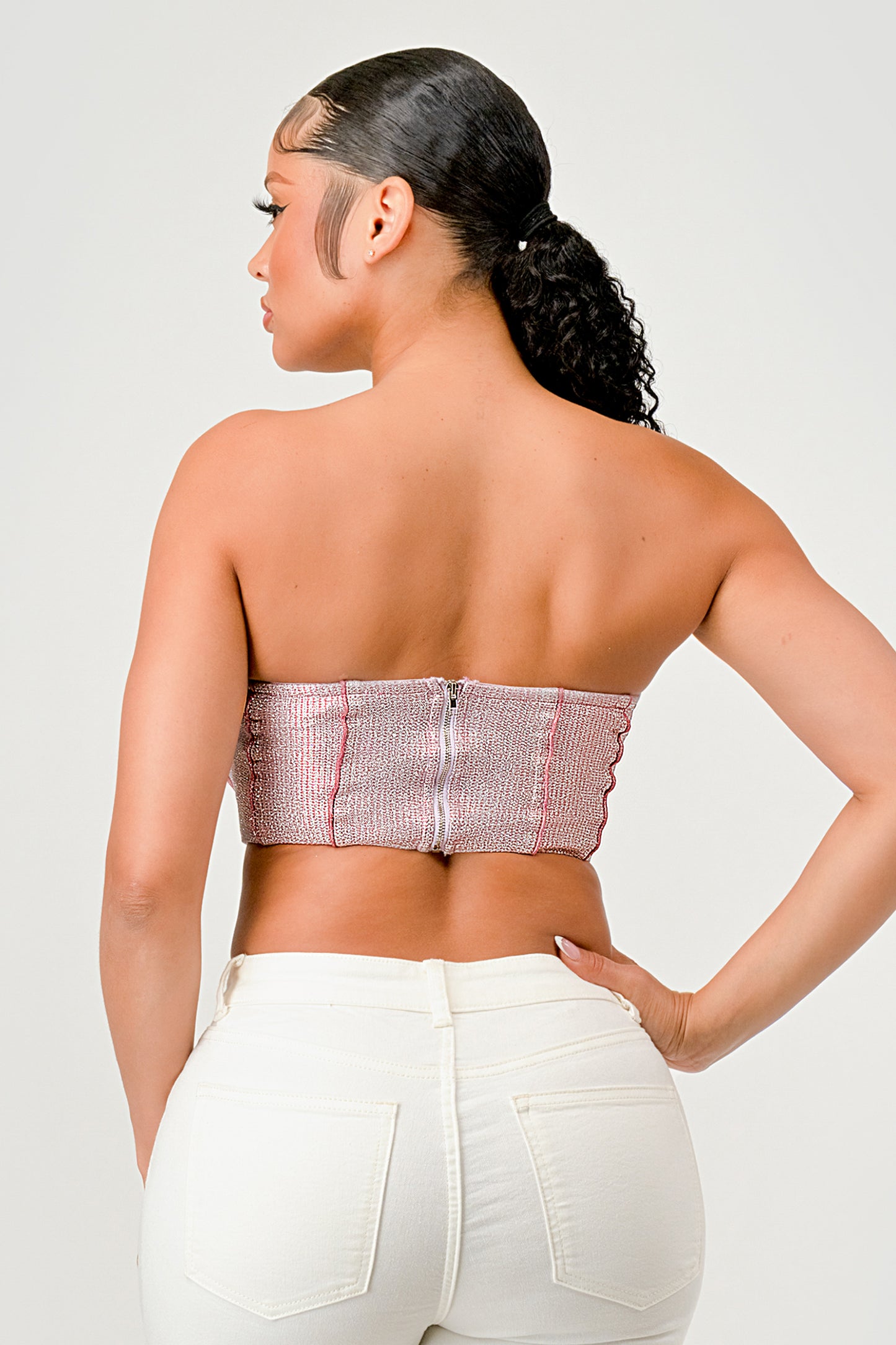 METALLIC GLITTER CROPPED CORSET TUBE TOP_D7269