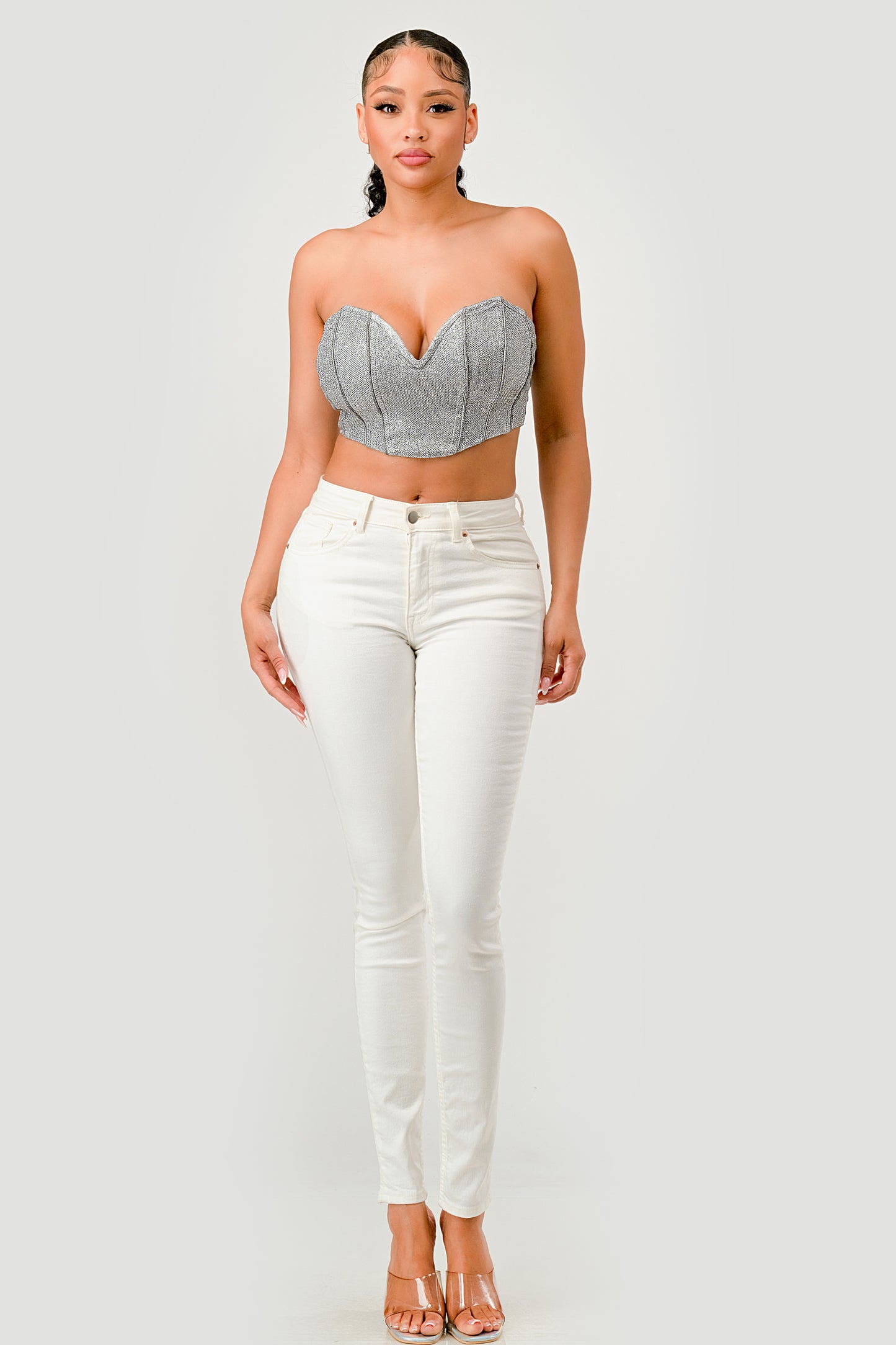 METALLIC GLITTER CROPPED CORSET TUBE TOP_D7269