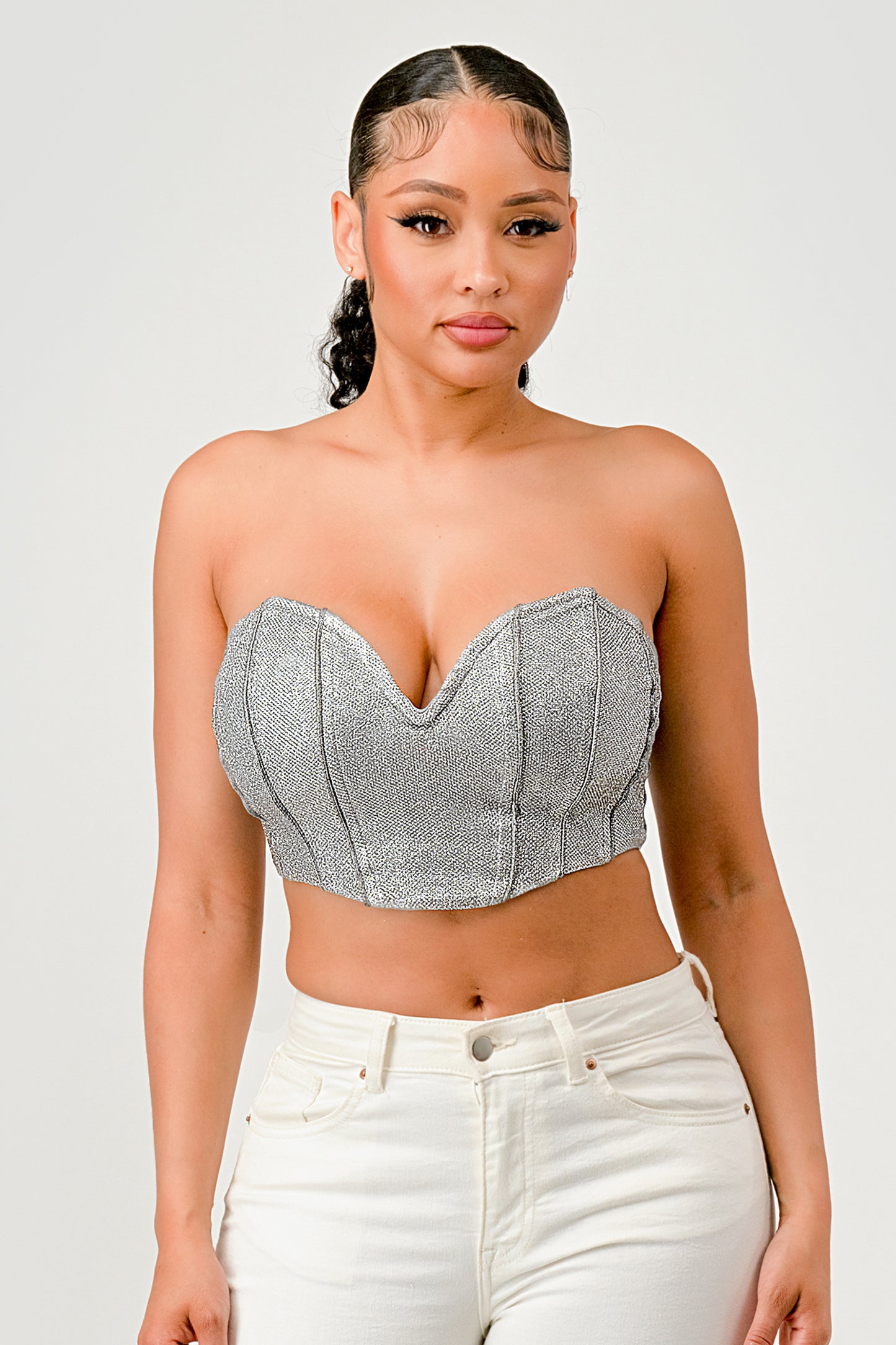 METALLIC GLITTER CROPPED CORSET TUBE TOP_D7269