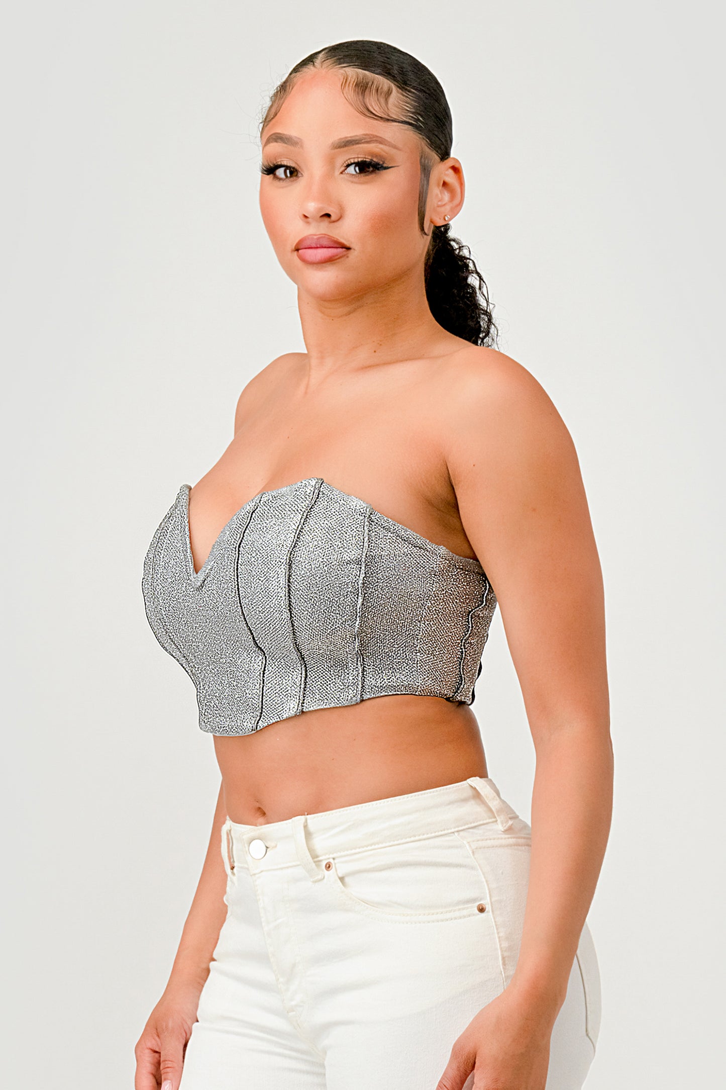 METALLIC GLITTER CROPPED CORSET TUBE TOP_D7269