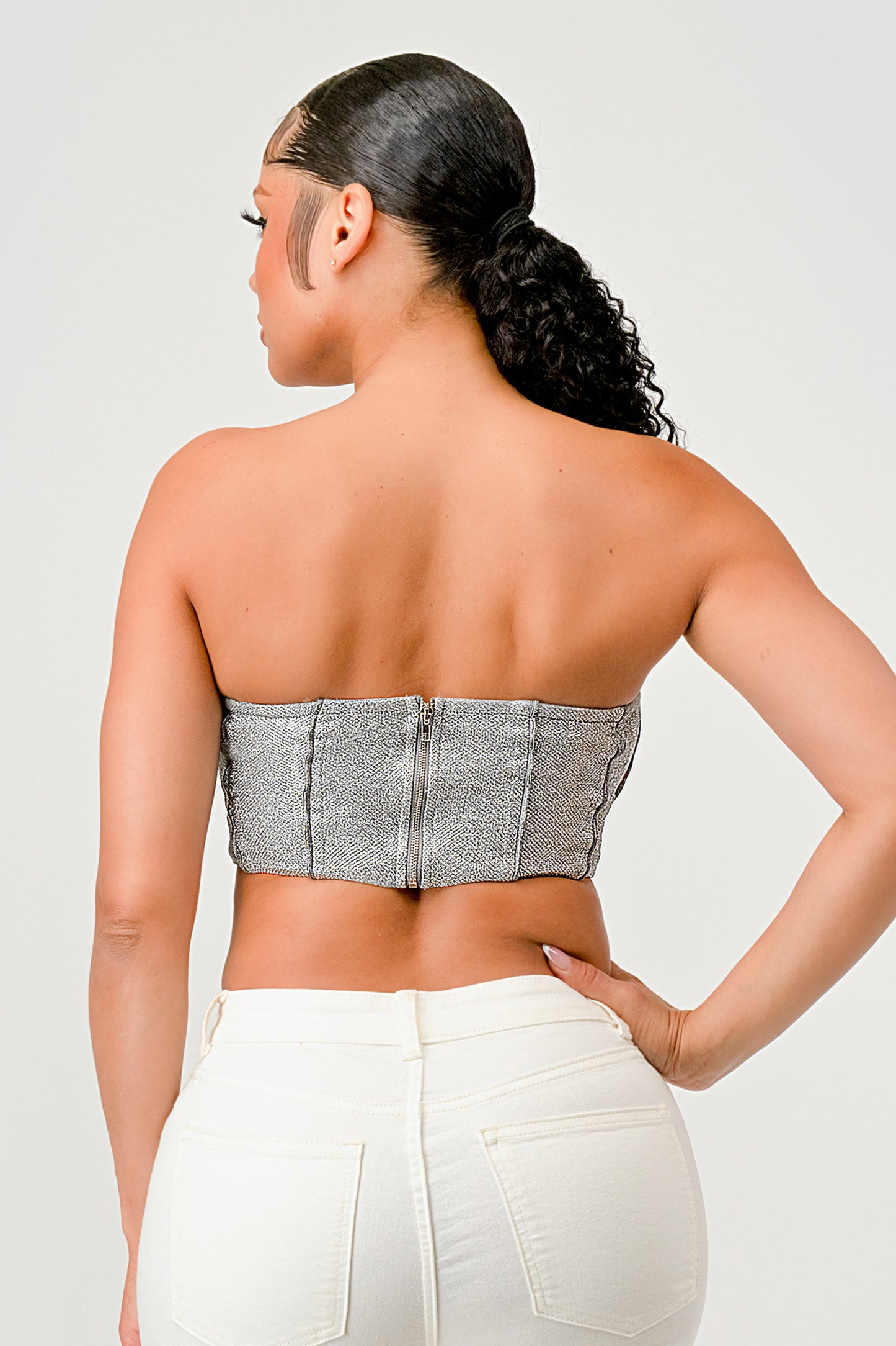 METALLIC GLITTER CROPPED CORSET TUBE TOP_D7269