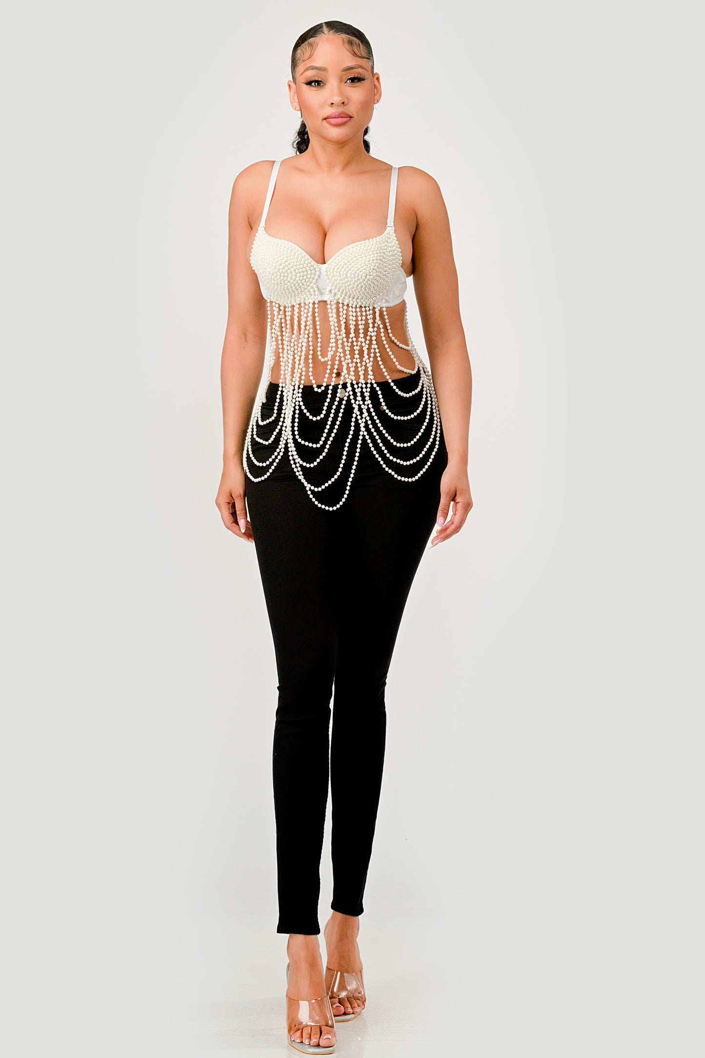 SOLID PEARL BEADING CHAIN LAYERED BRA TOP_D7270