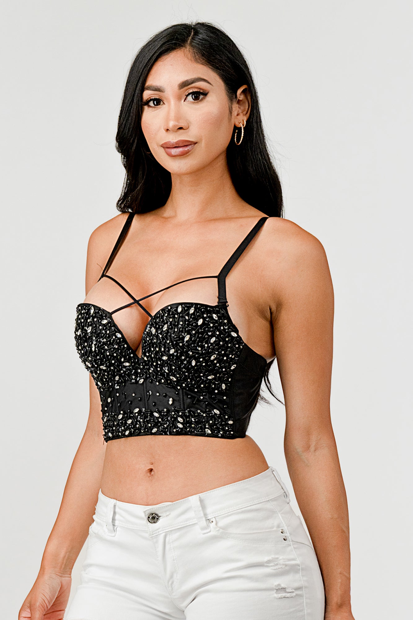 METALLIC SEQUINED RHINESTONE EMBELLISHED STRAPPY BUSTIER CROP TOP