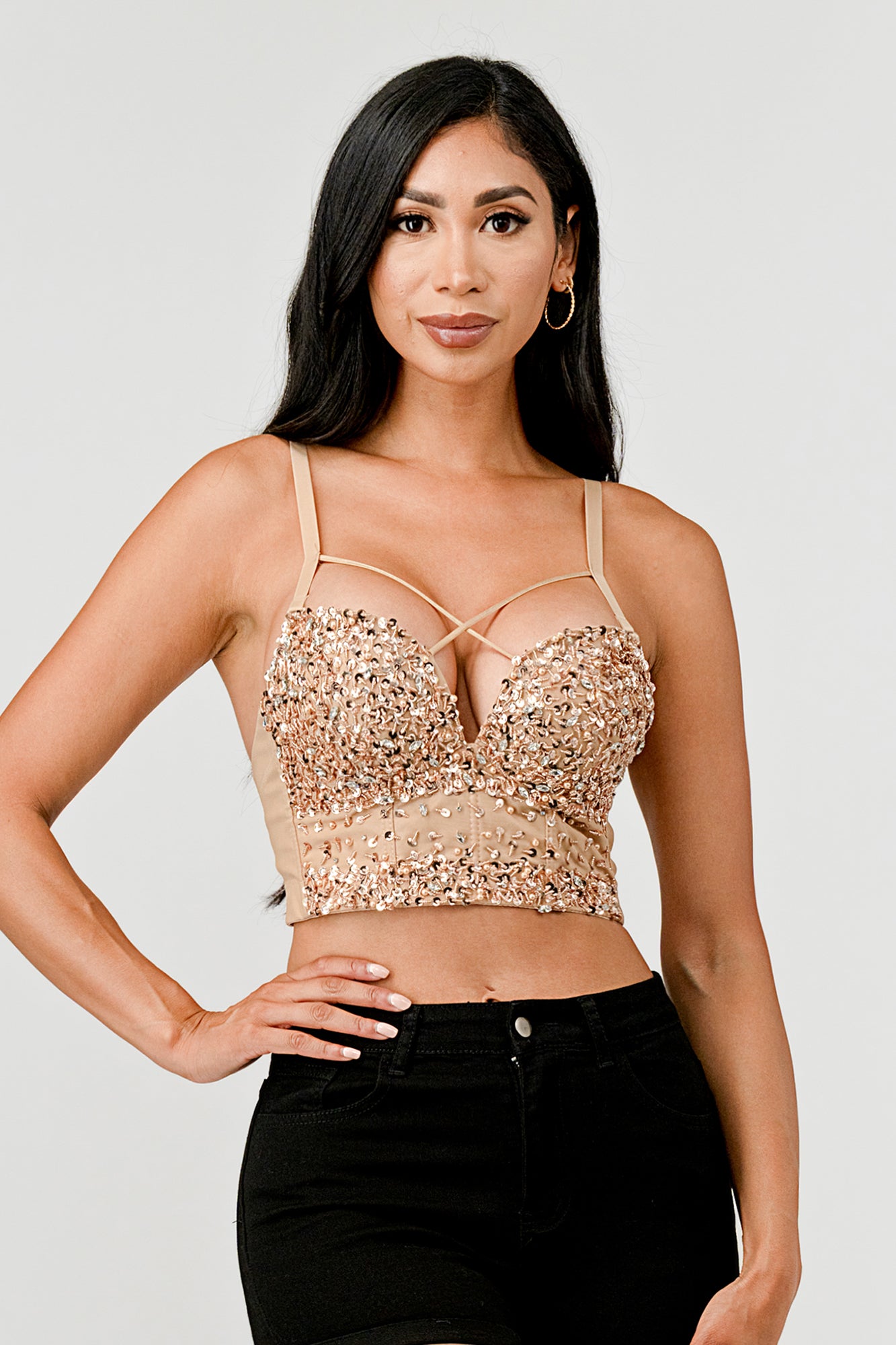 METALLIC SEQUINED RHINESTONE EMBELLISHED STRAPPY BUSTIER CROP TOP