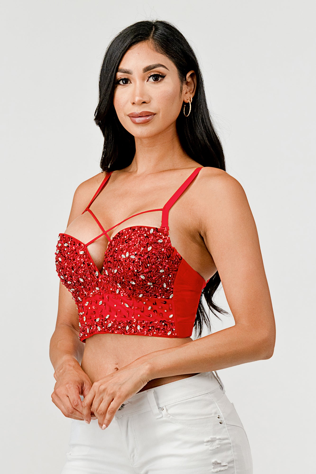 METALLIC SEQUINED RHINESTONE EMBELLISHED STRAPPY BUSTIER CROP TOP