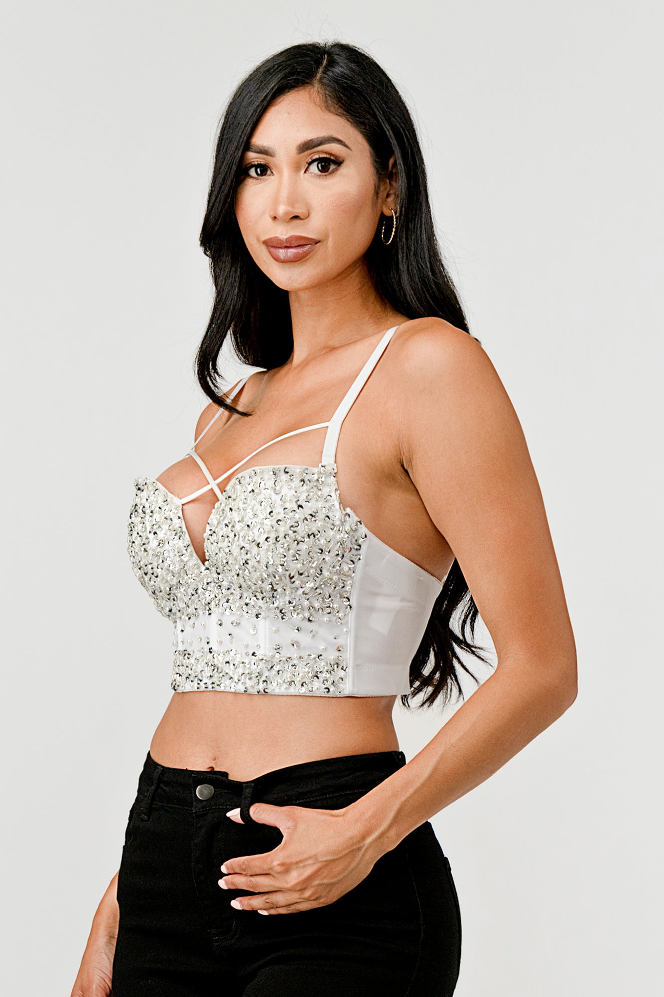 METALLIC SEQUINED RHINESTONE EMBELLISHED STRAPPY BUSTIER CROP TOP