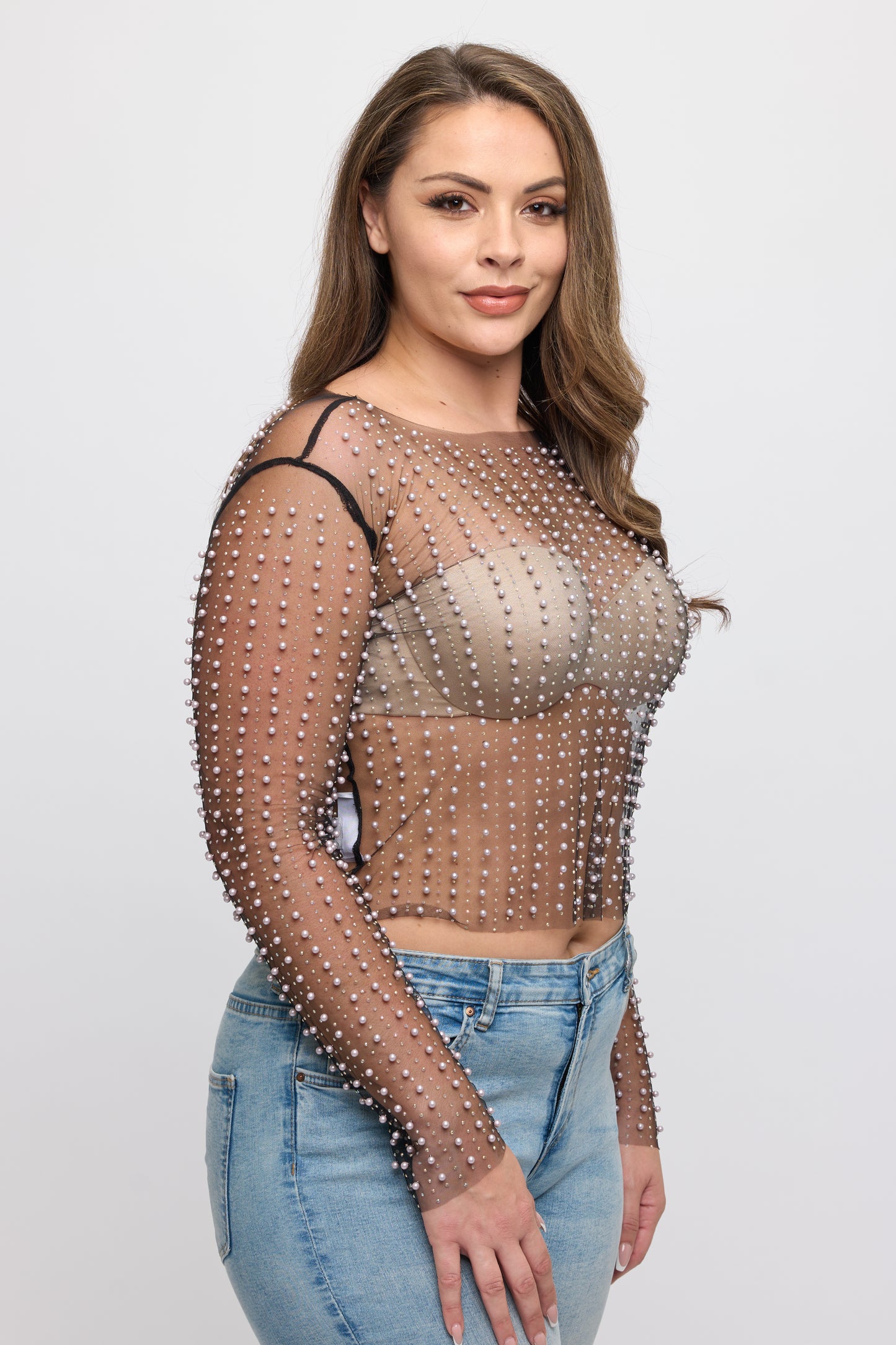 RHINESTONES PEARL SHEER MESH LONG SLEEVE TOP-PLUS