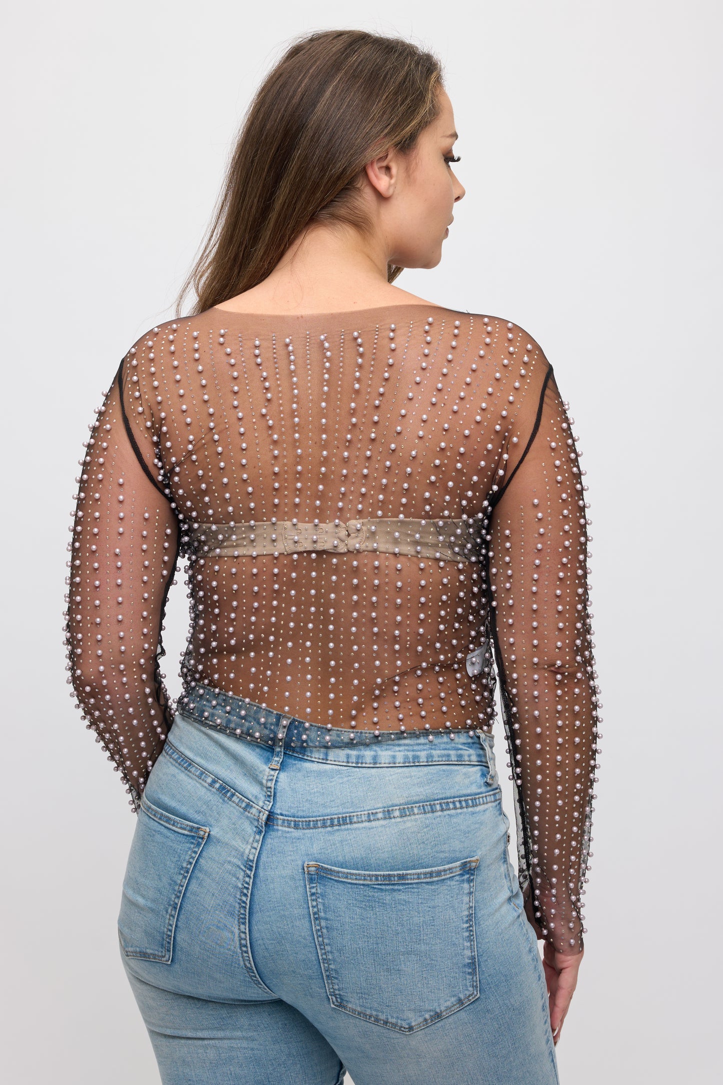 RHINESTONES PEARL SHEER MESH LONG SLEEVE TOP-PLUS