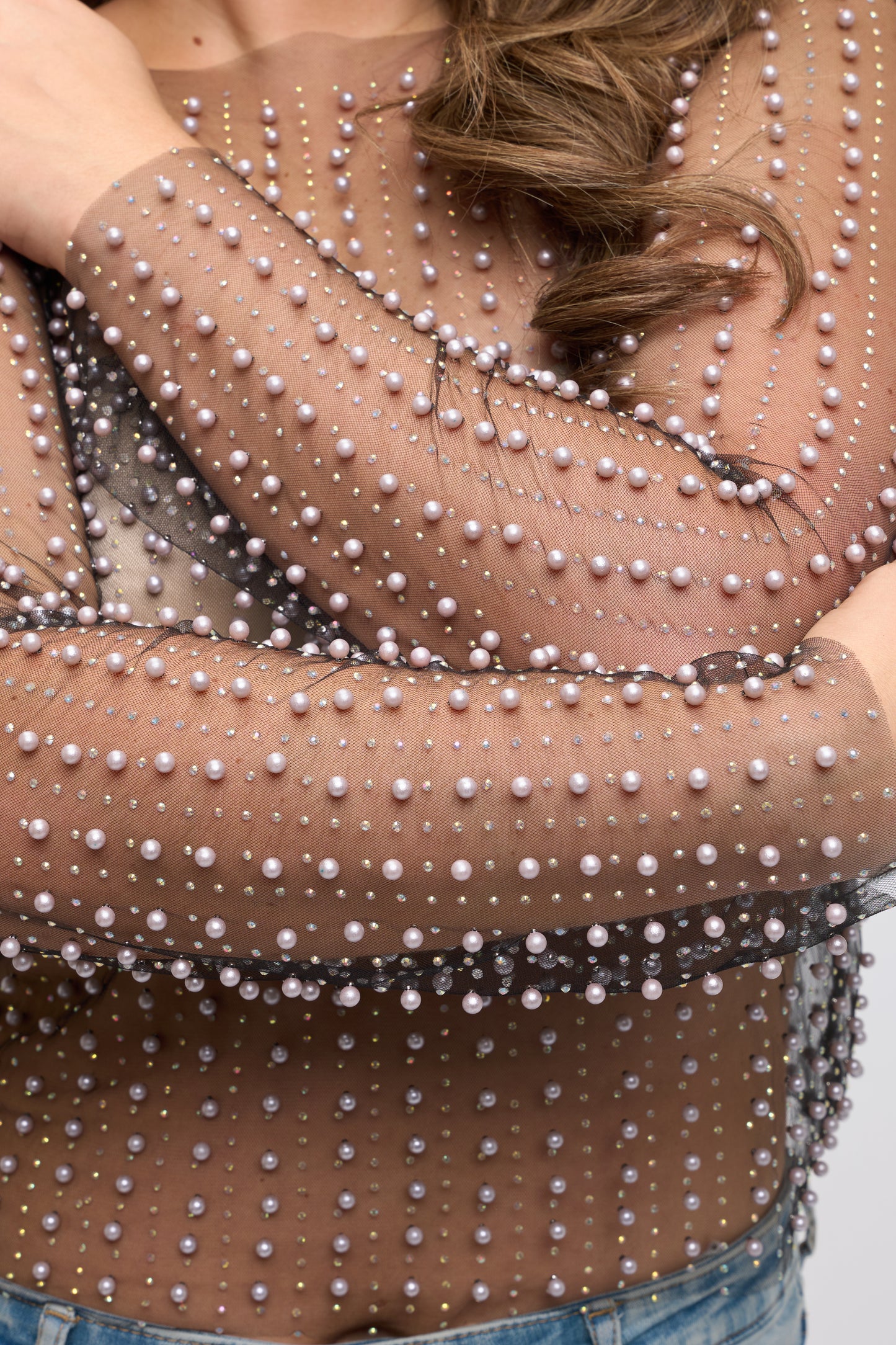 RHINESTONES PEARL SHEER MESH LONG SLEEVE TOP-PLUS