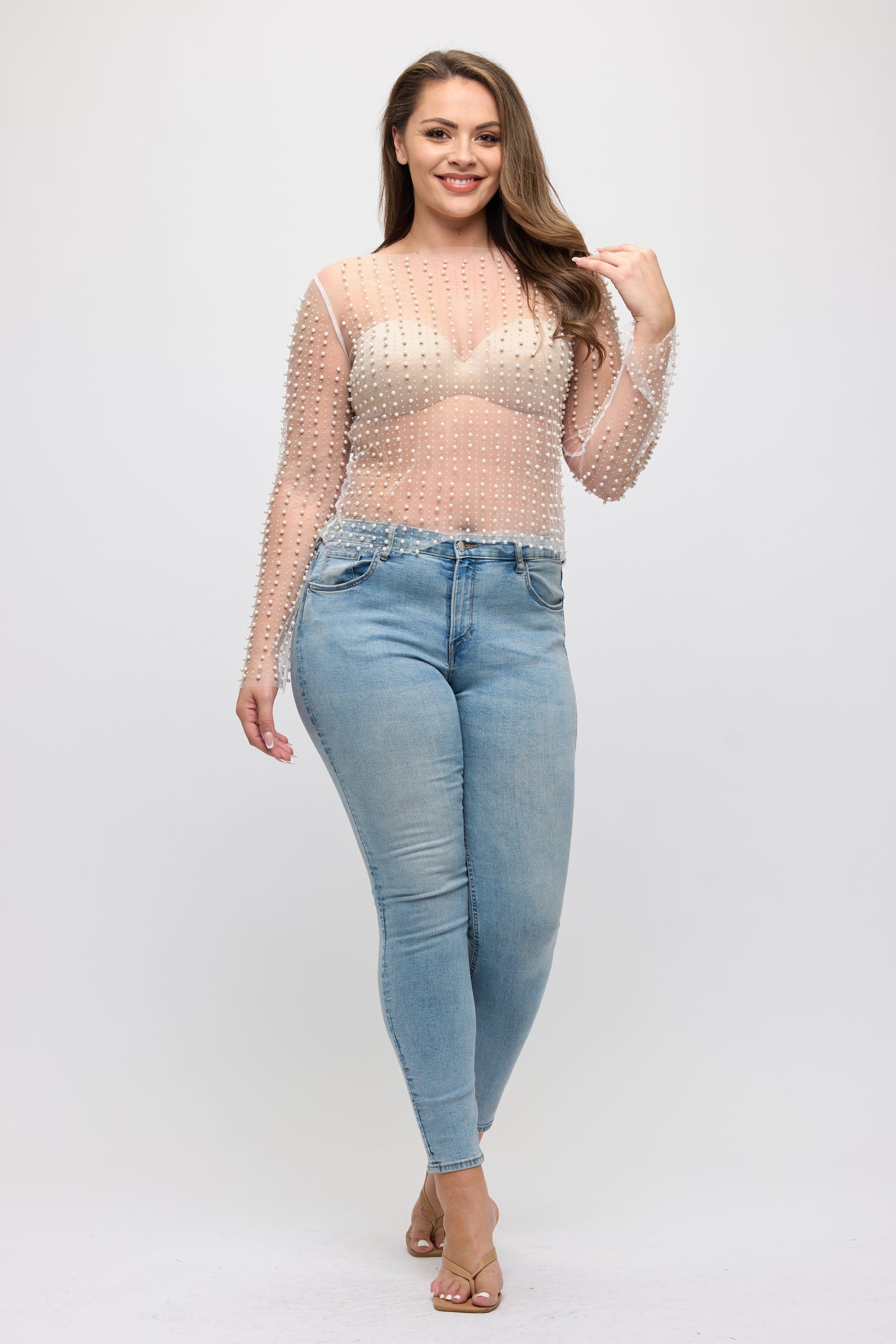RHINESTONES PEARL SHEER MESH LONG SLEEVE TOP-PLUS