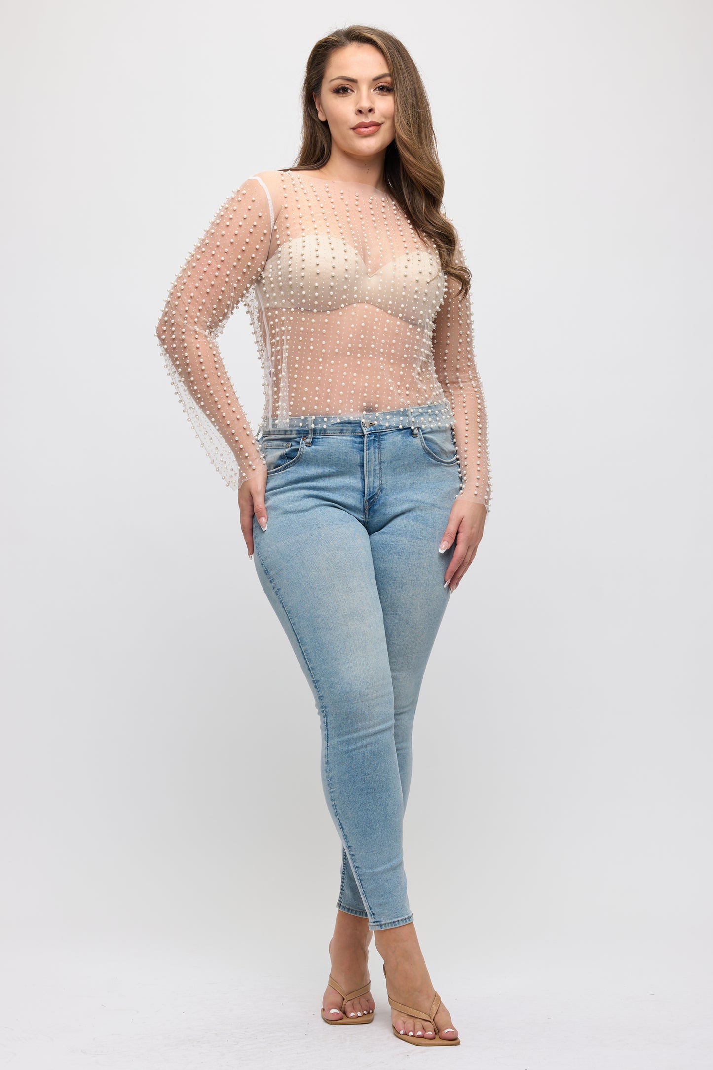 RHINESTONES PEARL SHEER MESH LONG SLEEVE TOP-PLUS