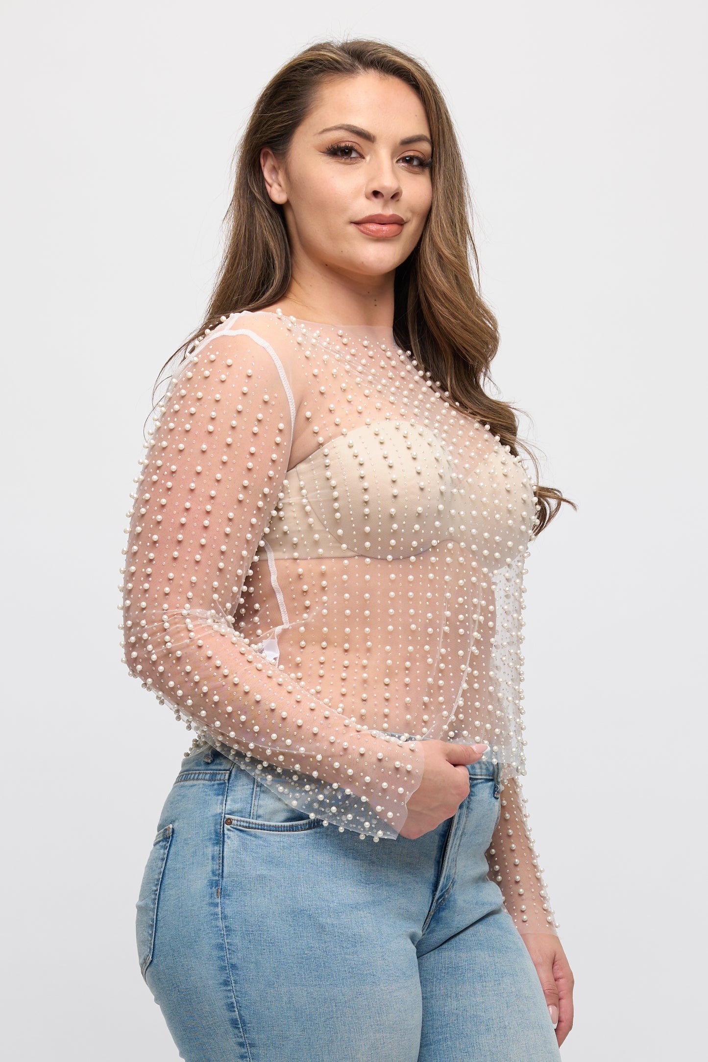 RHINESTONES PEARL SHEER MESH LONG SLEEVE TOP-PLUS