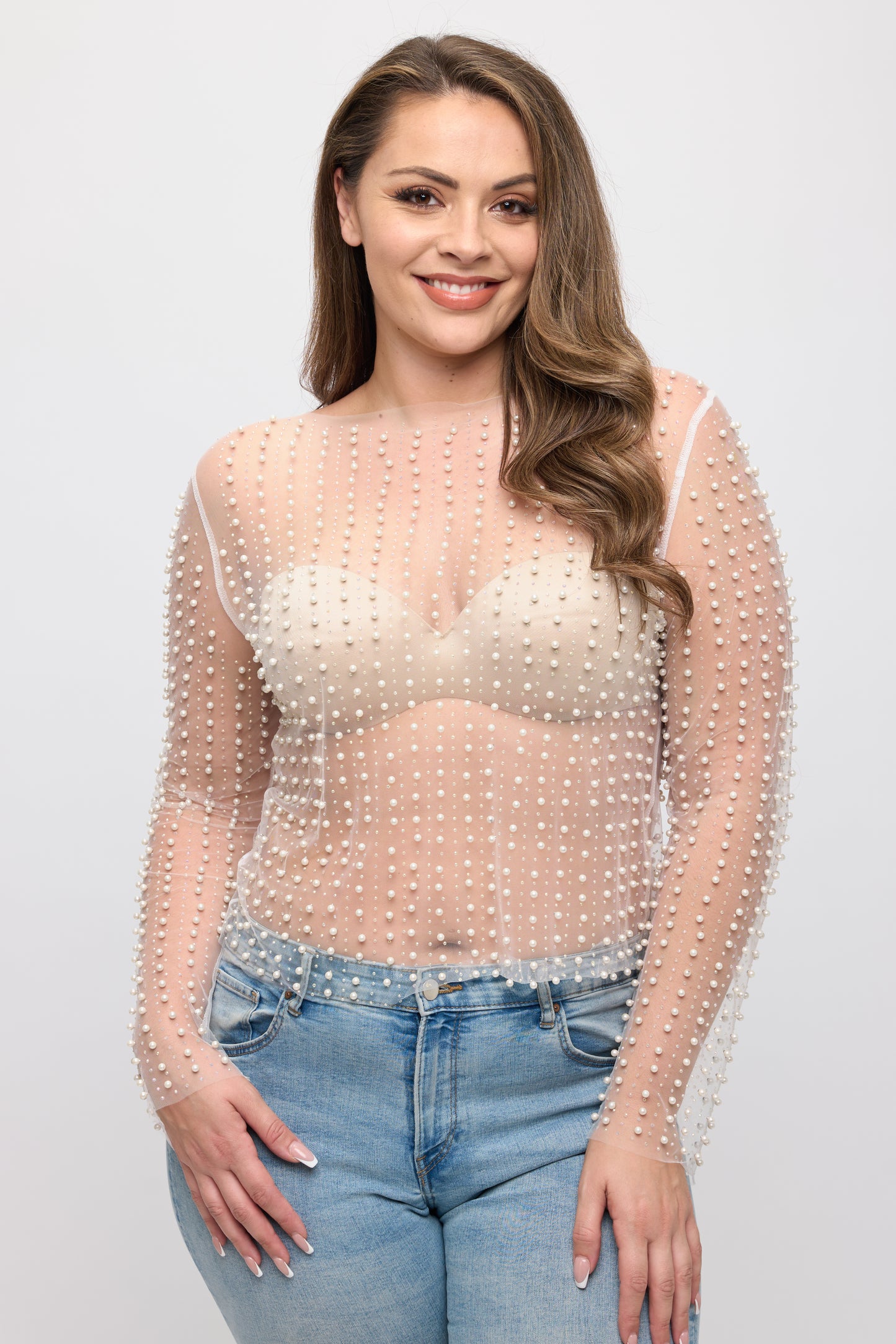 RHINESTONES PEARL SHEER MESH LONG SLEEVE TOP-PLUS