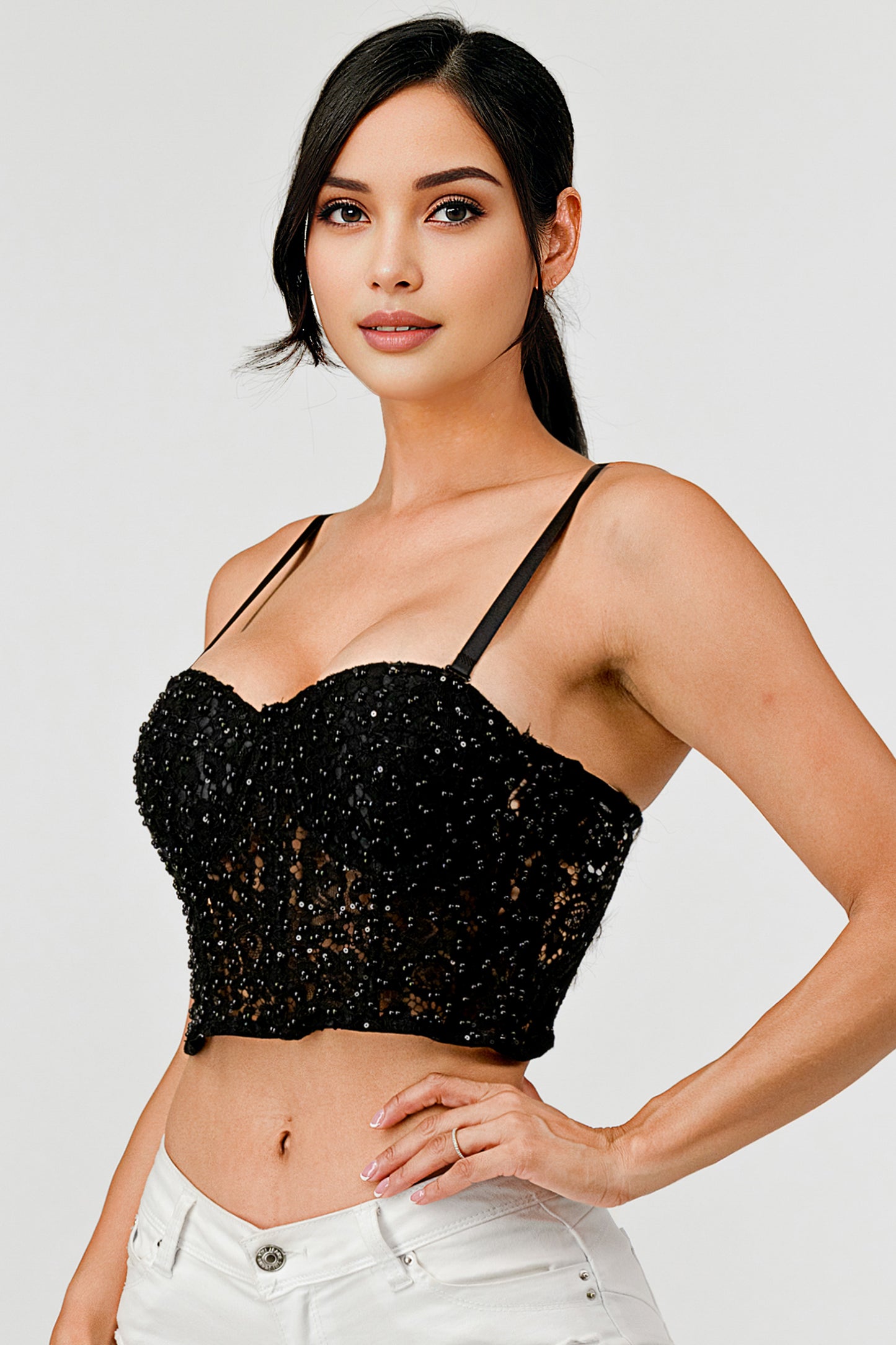Elegant Lace and Pearl Bustier Sexy Top